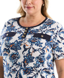 Plus Size Botanical Welt Pocket Button Detail Top