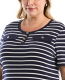 Plus Size Striped Welt Pocket Button Detail Top