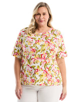 Plus Size Petal Print Pom Trim Detail Top