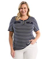 Plus Size Striped Welt Pocket Button Detail Top