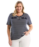 Plus Size Striped Welt Pocket Button Detail Top
