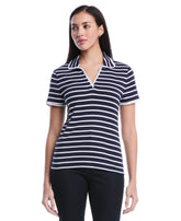 Petite Striped Contrast Trim Johnny Collar Polo