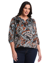 Plus Size Paisley Print Ruffle Puff Sleeve Top