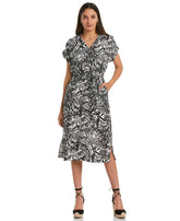 Zebra Print V neck Midi Dress with Self Fabric Tie