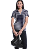 Petite Striped Contrast Trim Johnny Collar Polo