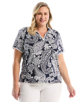 Plus Size Paisley Print Contrast Trim Johnny Collar Polo