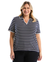 Plus Size Striped Contrast Trim Johnny Collar Polo