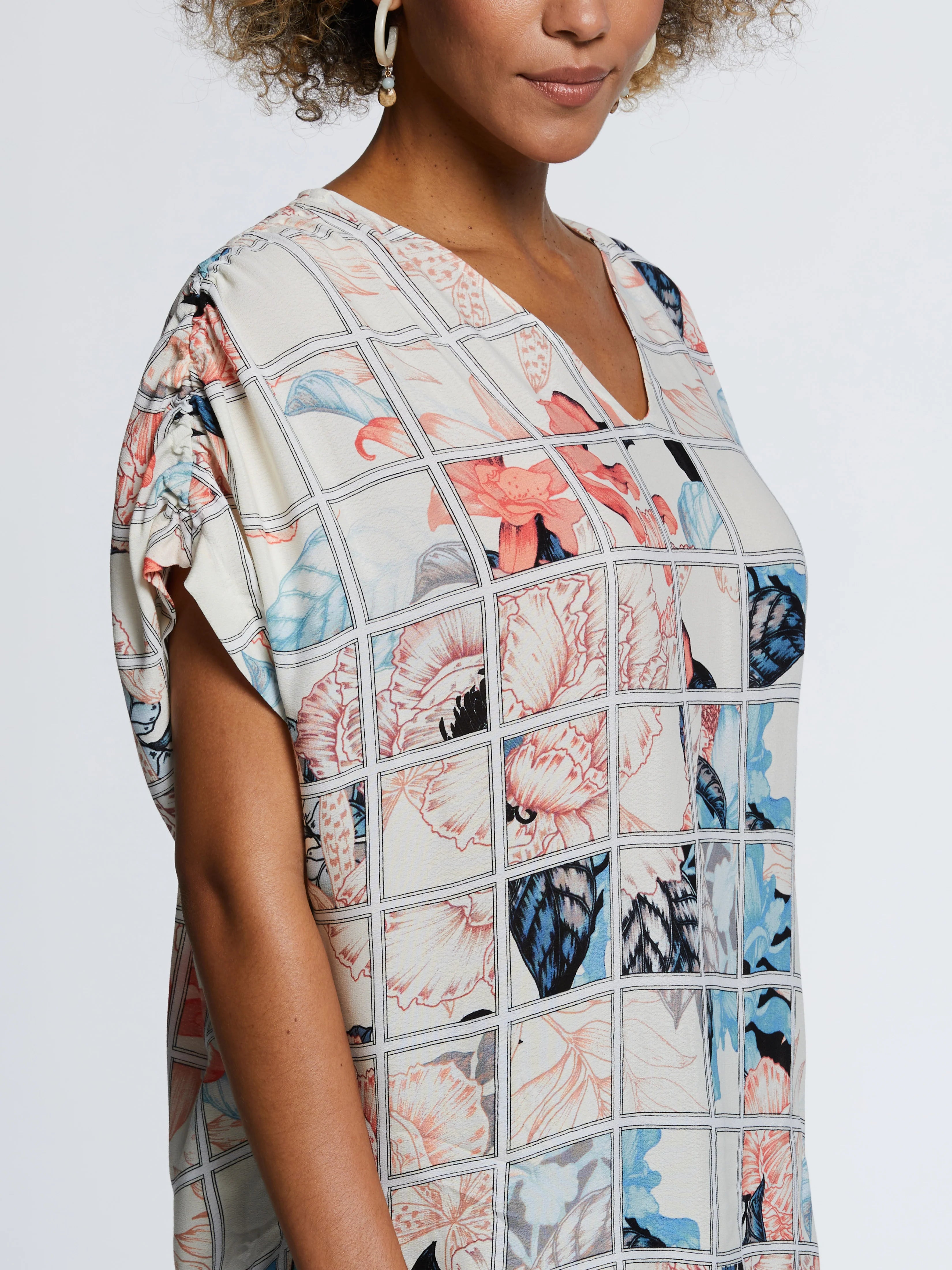 Eco Fabric Ruched Tie Sleeve V Neck Top