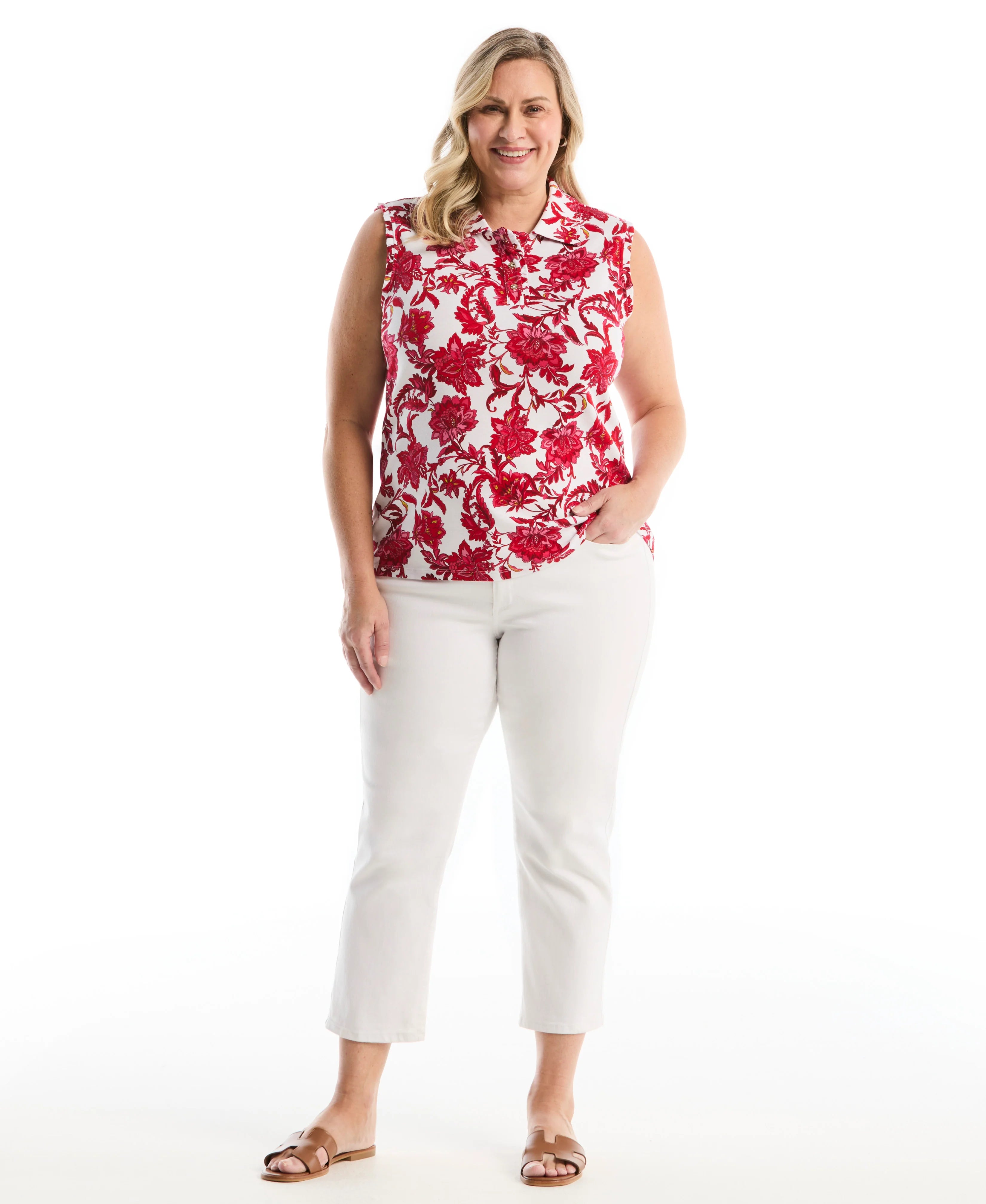 Plus Size Botanical Print Ruffle Trim Polo