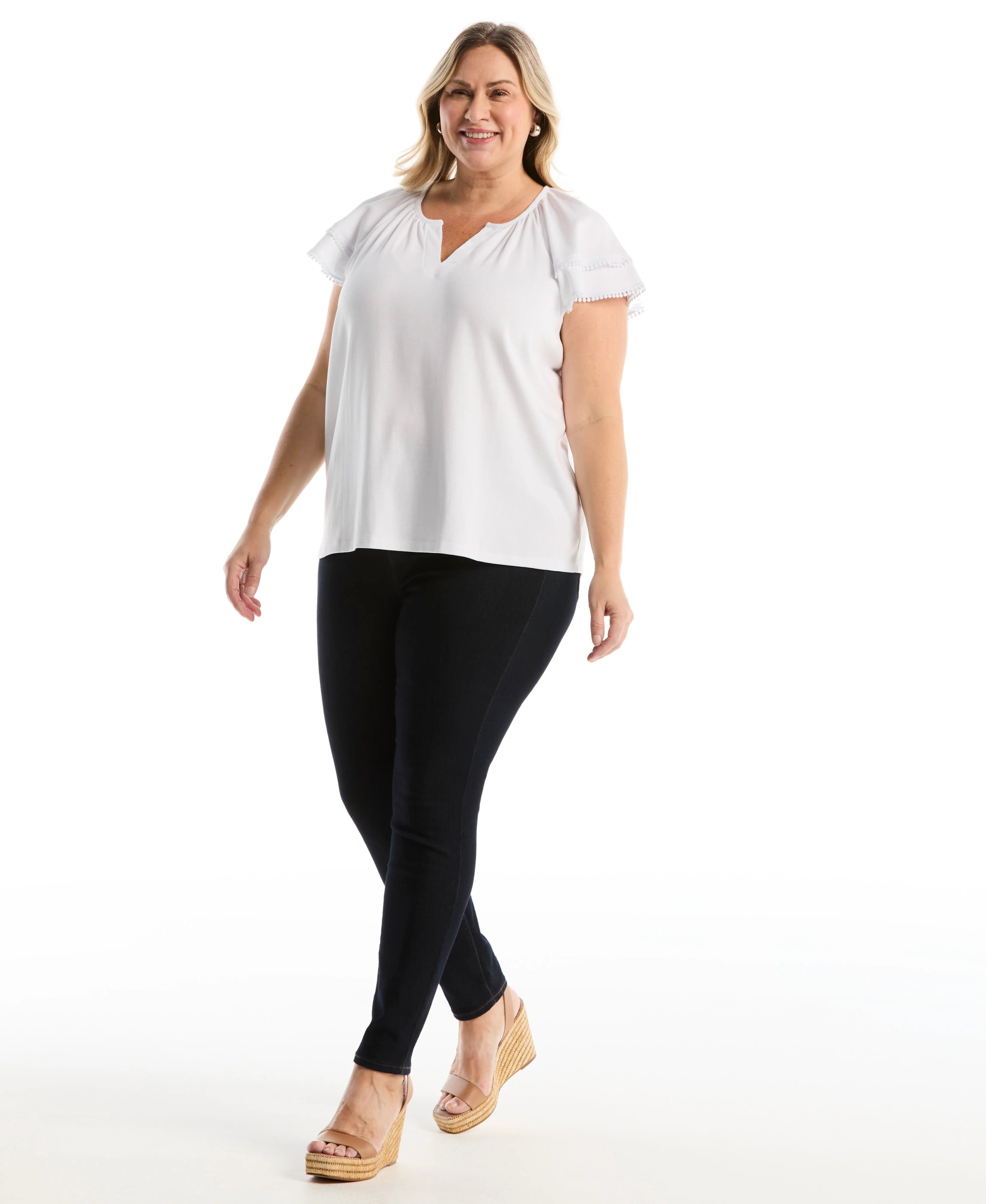 Plus Size Eyelet Flutter Sleeve Split Neck Top
