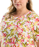 Plus Size Petal Print Pom Trim Detail Top