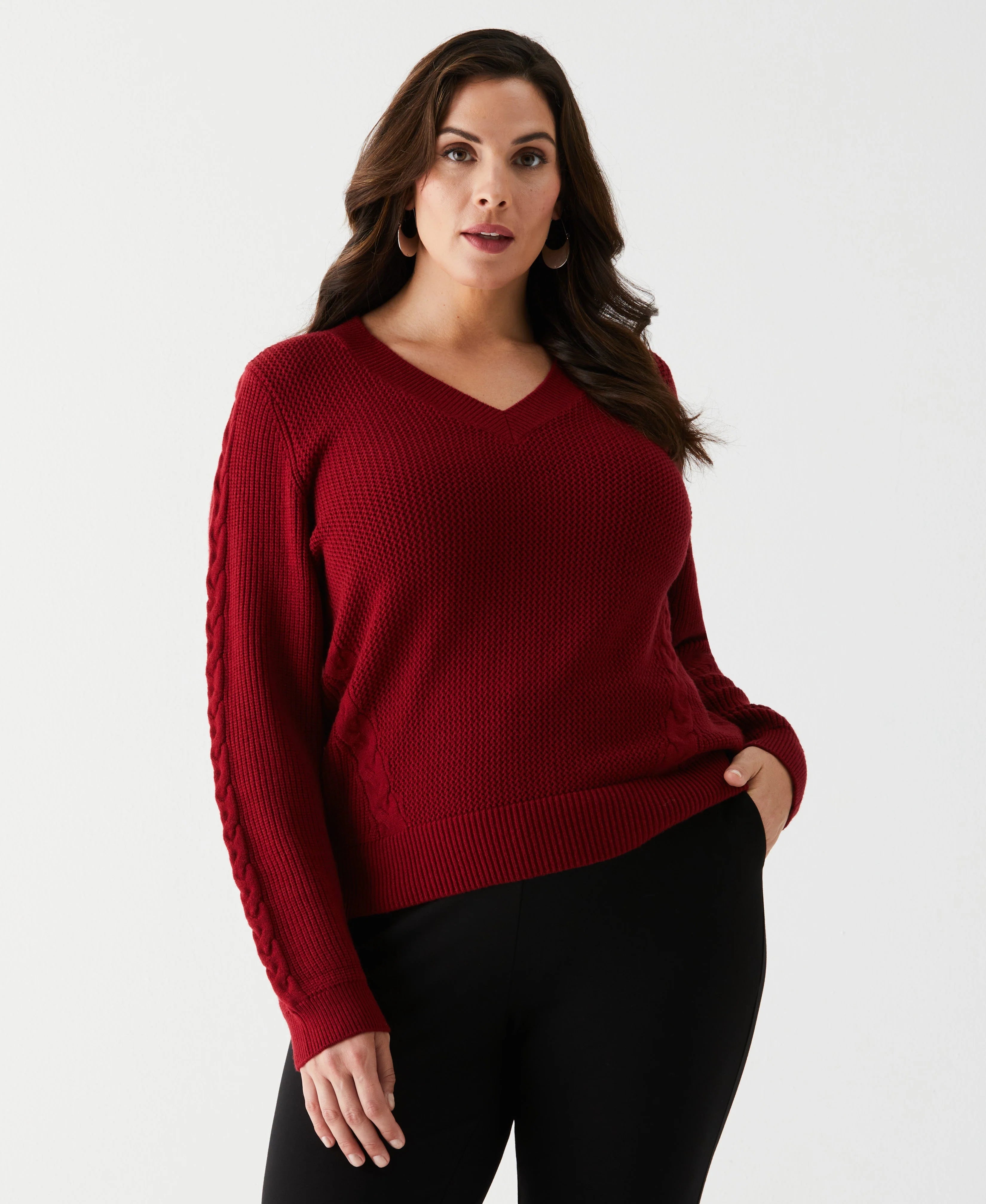 Plus Size Cable Knit V Neck Sweater