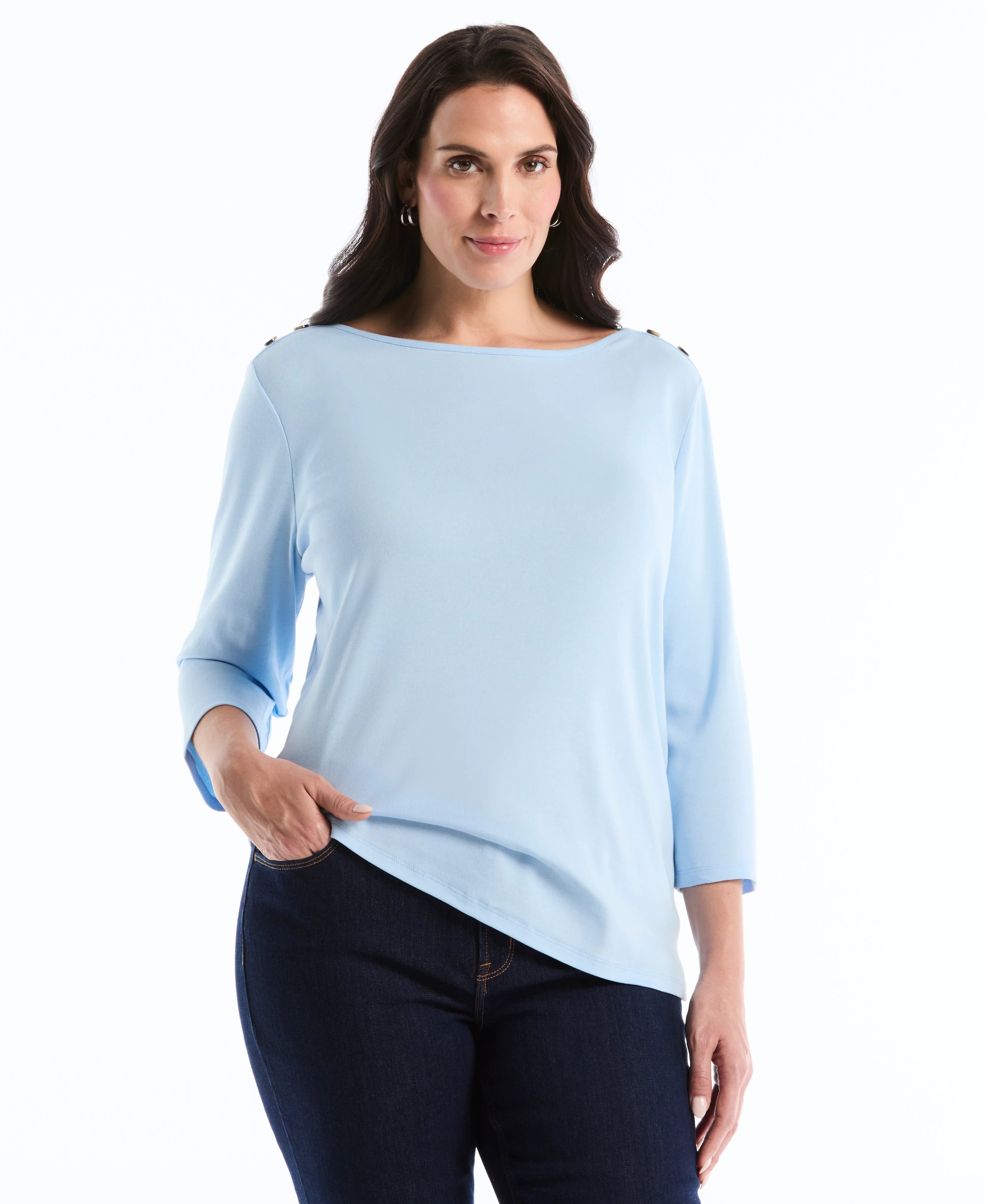 Plus Size Button Detail 3 4 Sleeve Top