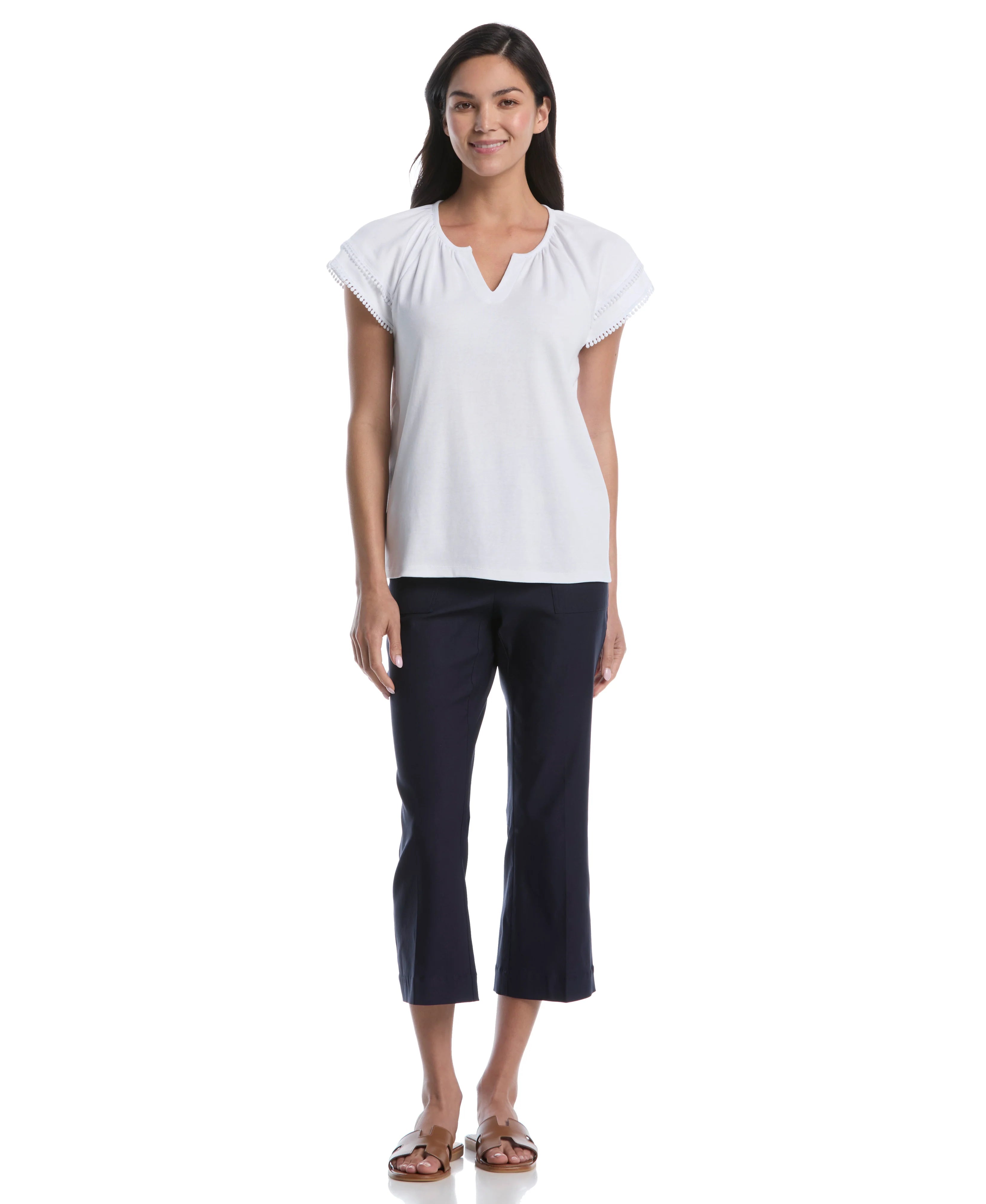 Petite Eyelet Flutter Sleeve Split Neck Top
