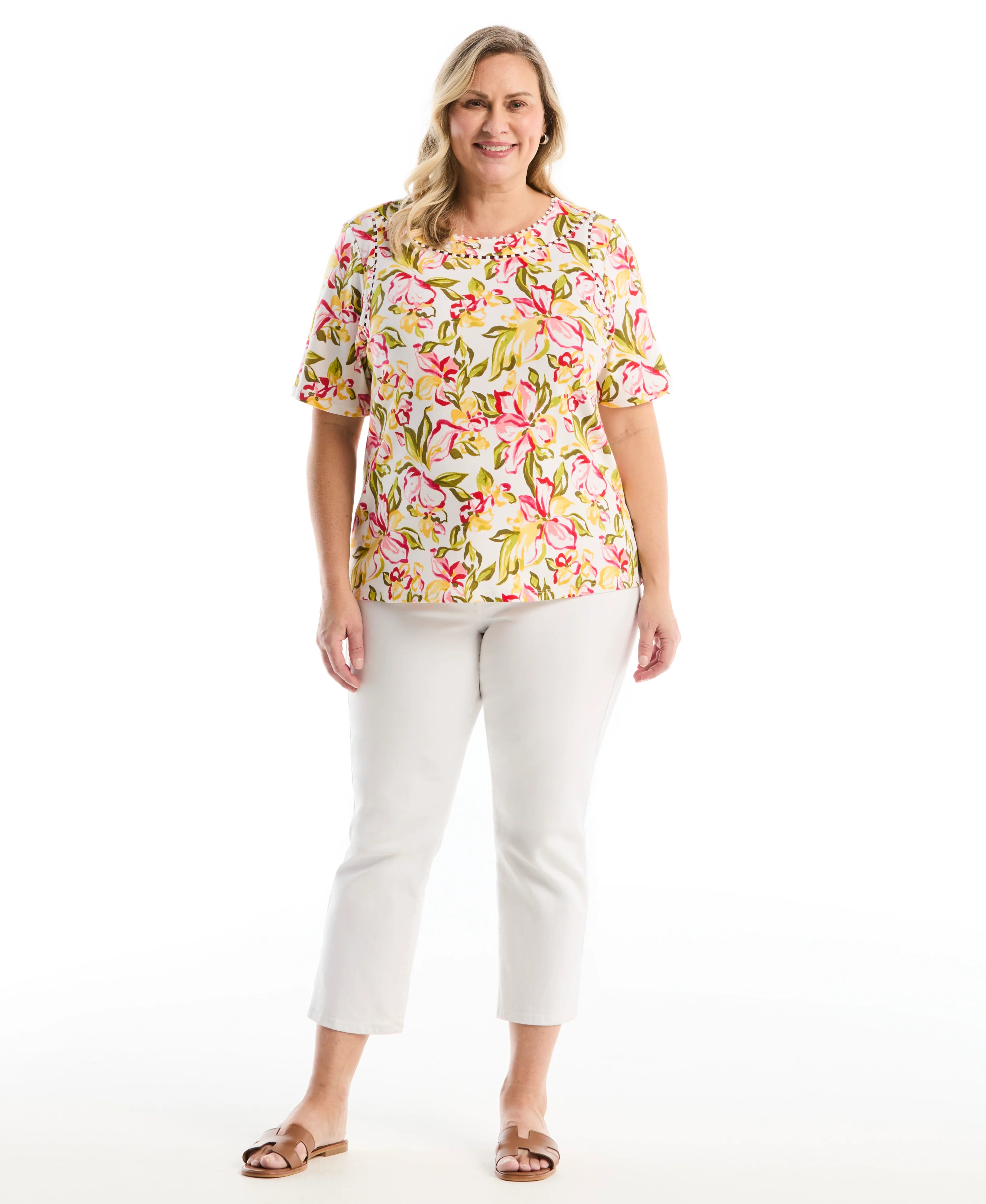 Plus Size Petal Print Pom Trim Detail Top
