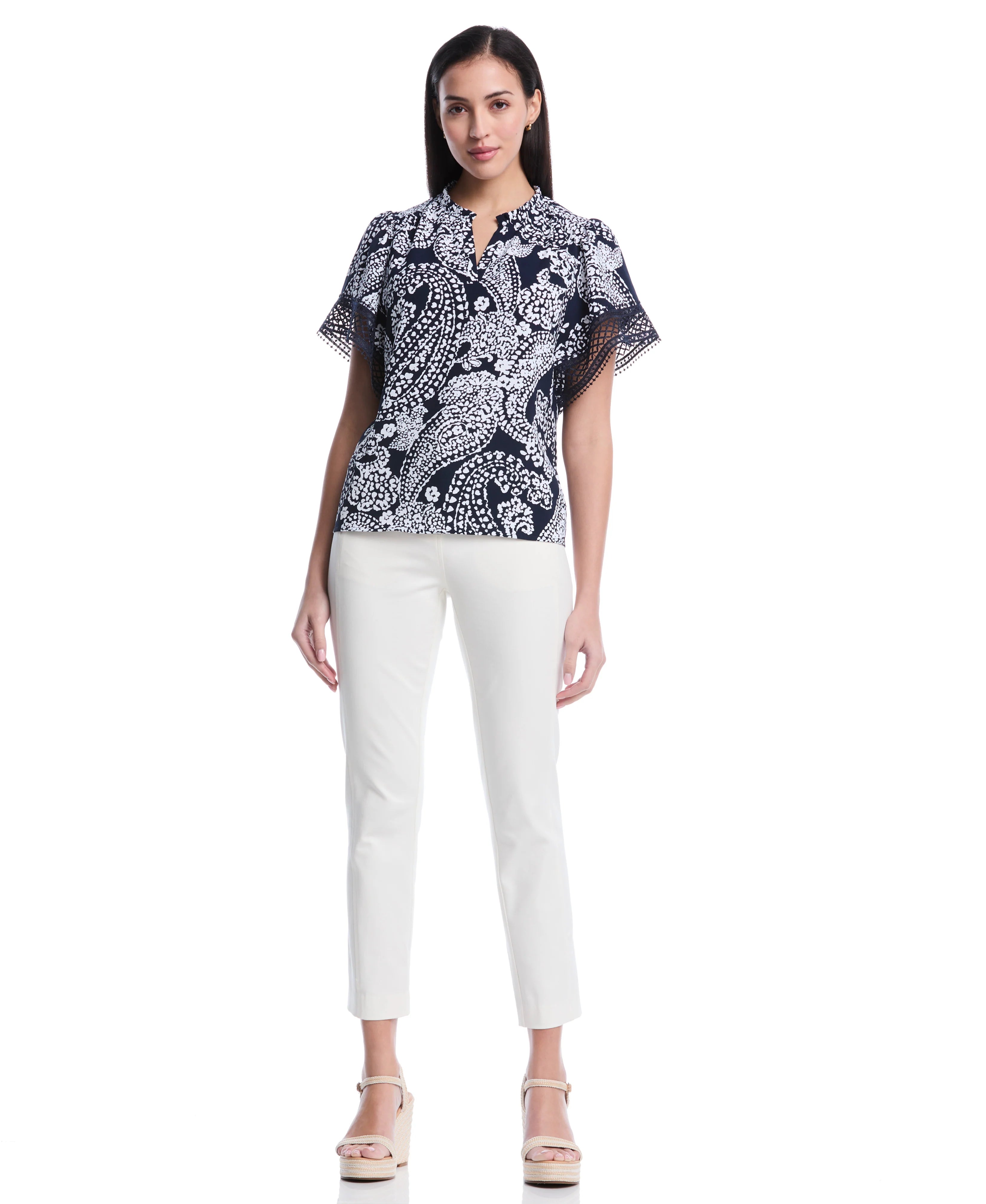 Petite Paisley Print Flutter Lace Sleeve Blouse