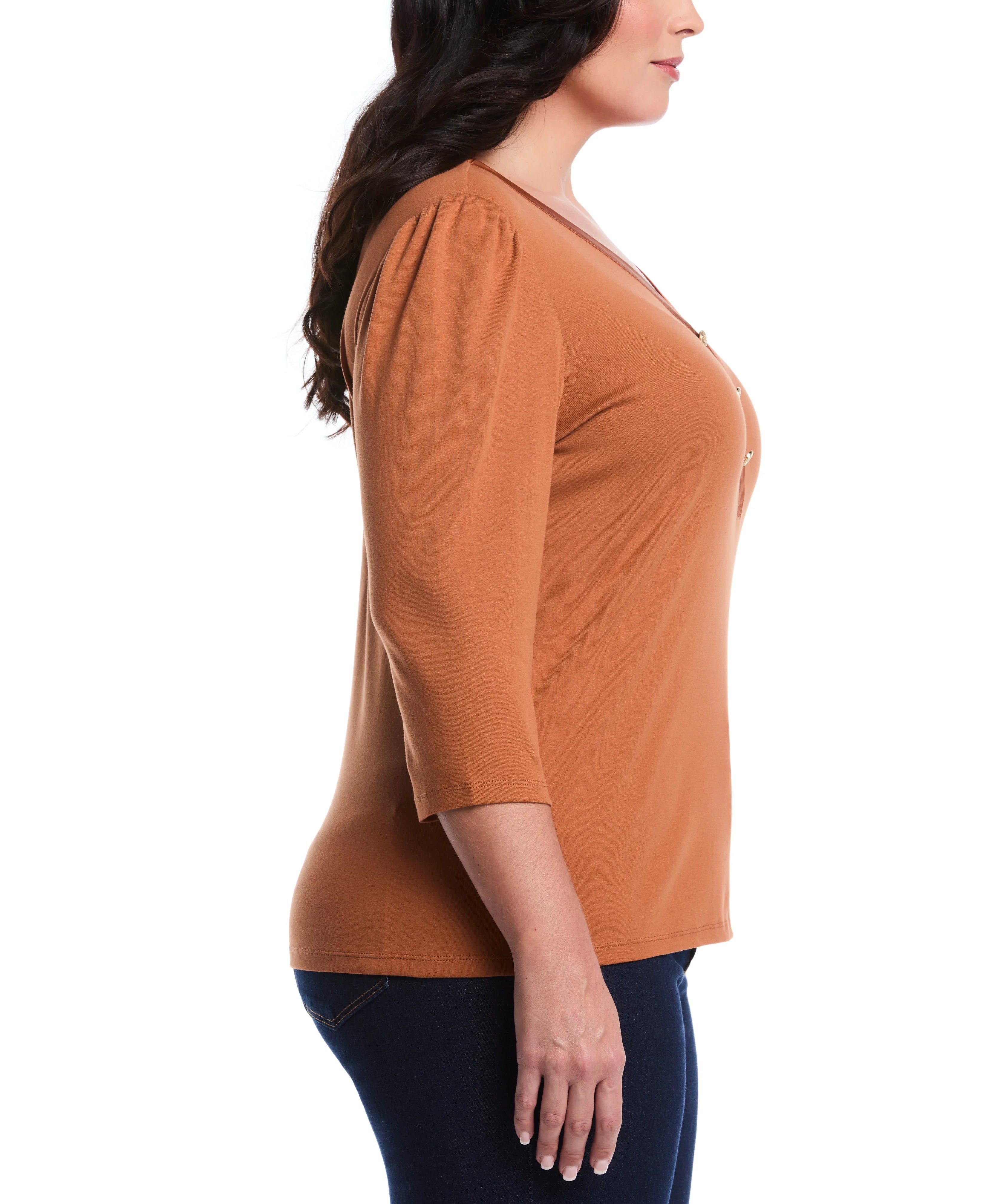 Plus Size 3 4 Puff Sleeve V Neck Top