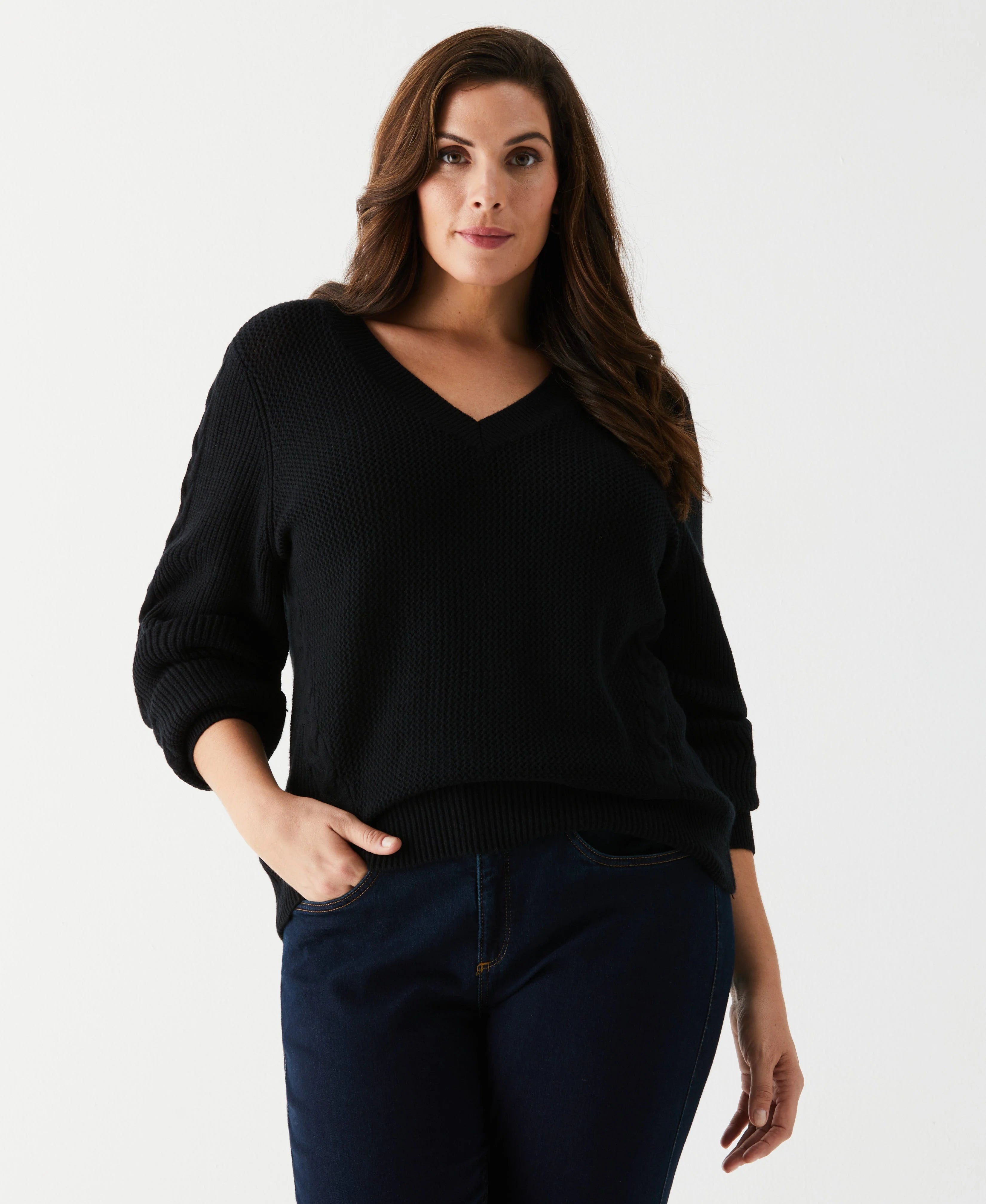 Plus Size Cable Knit V Neck Sweater