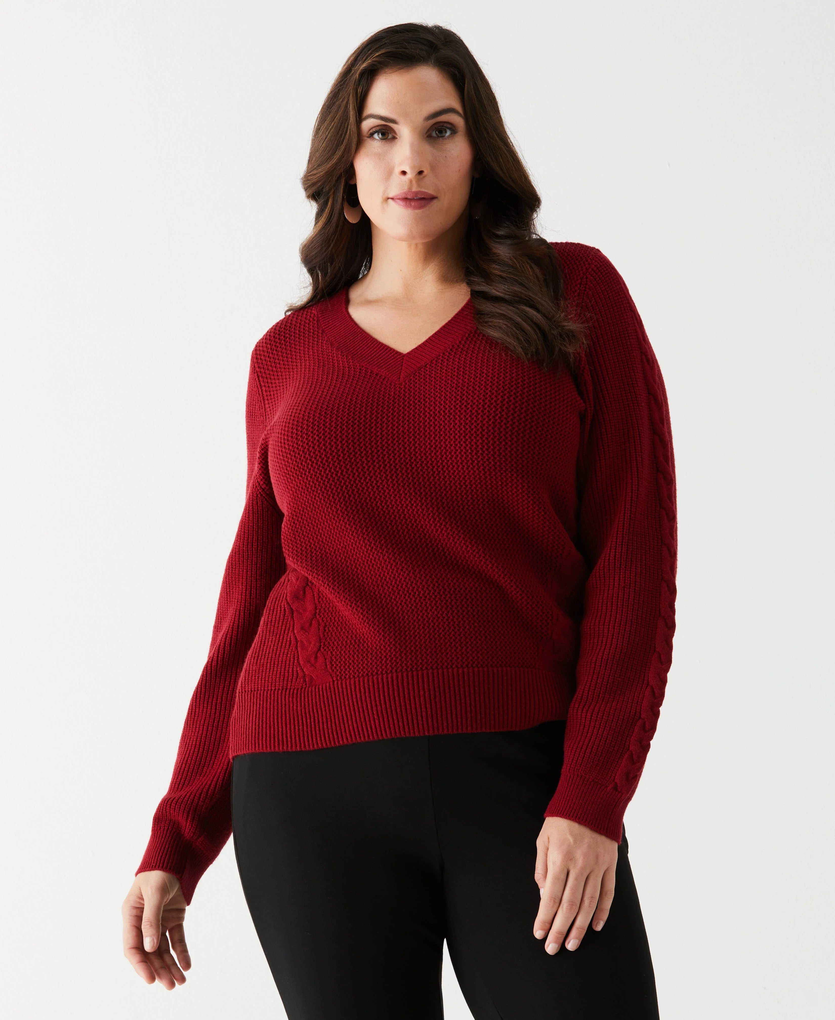 Plus Size Cable Knit V Neck Sweater