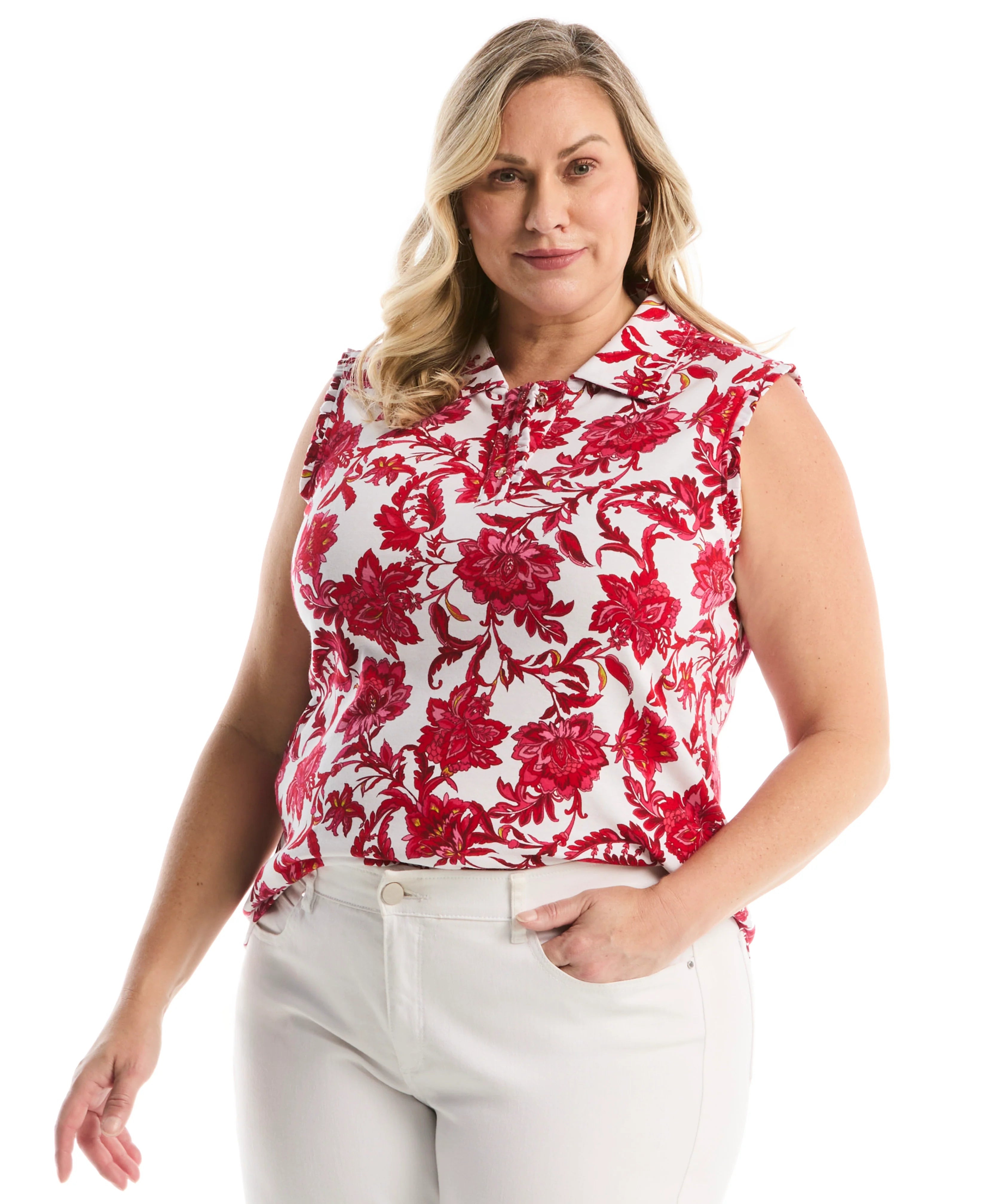 Plus Size Botanical Print Ruffle Trim Polo