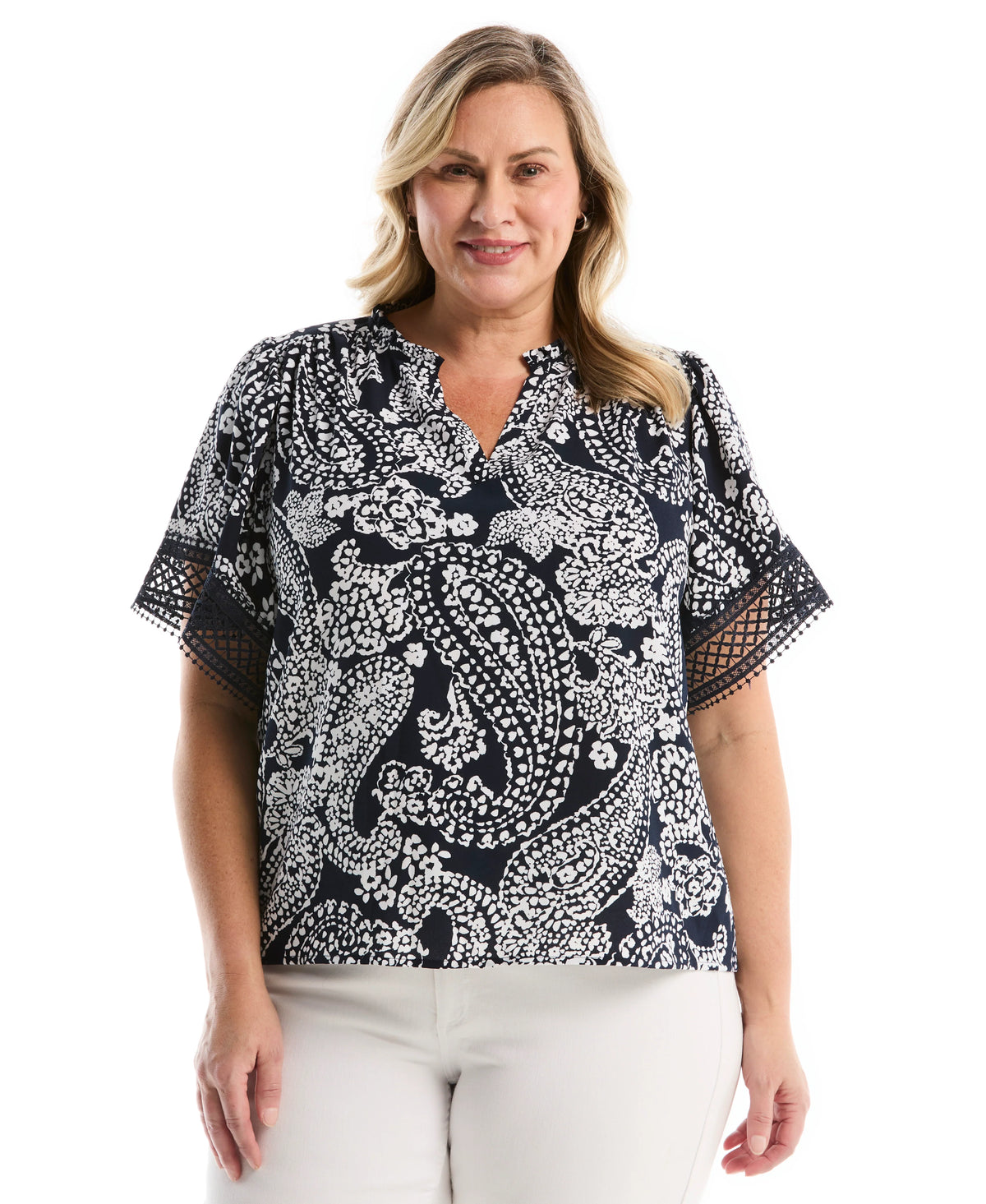 Plus Size Paisley Print Flutter Lace Sleeve Blouse