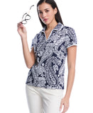 Petite Paisley Print Contrast Trim Johnny Collar Polo