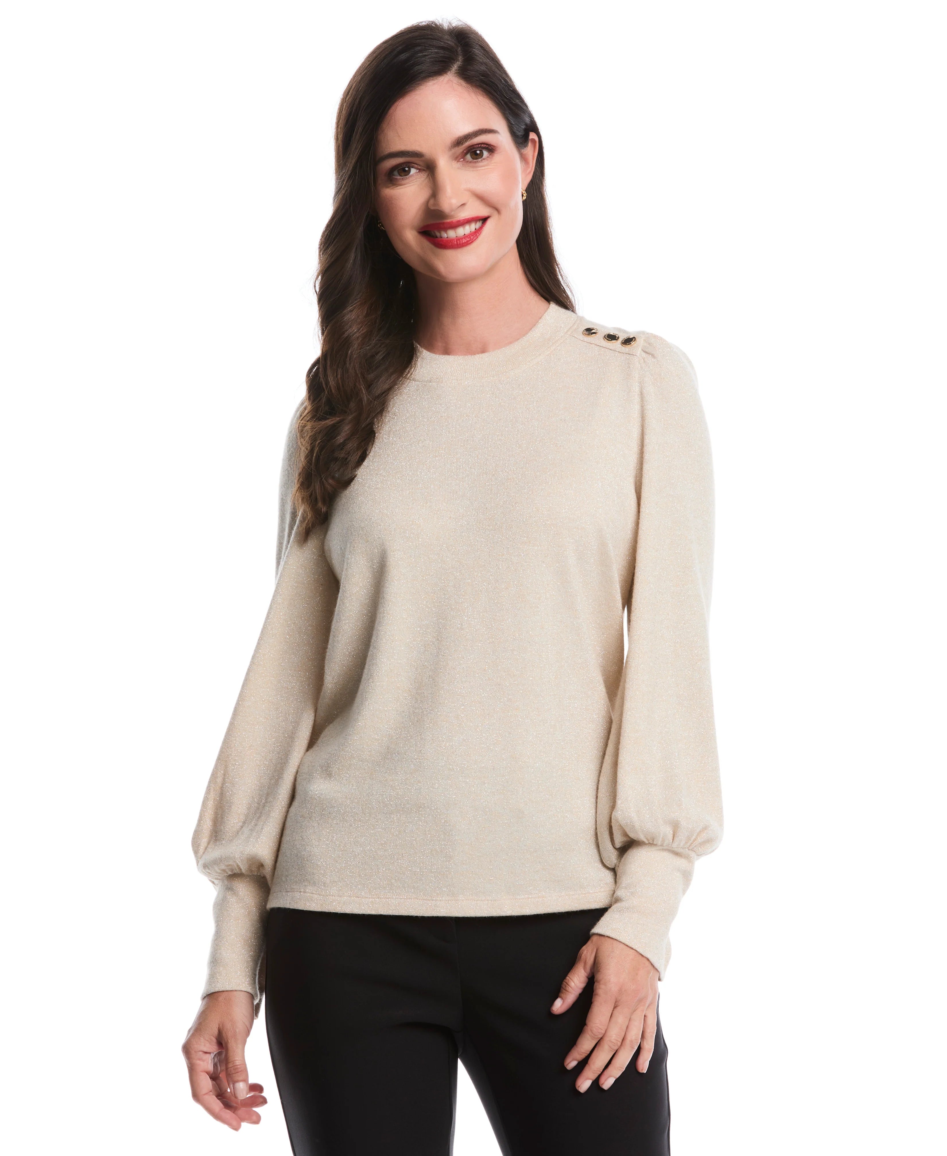Metallic Puff Sleeve Crew Neck Top