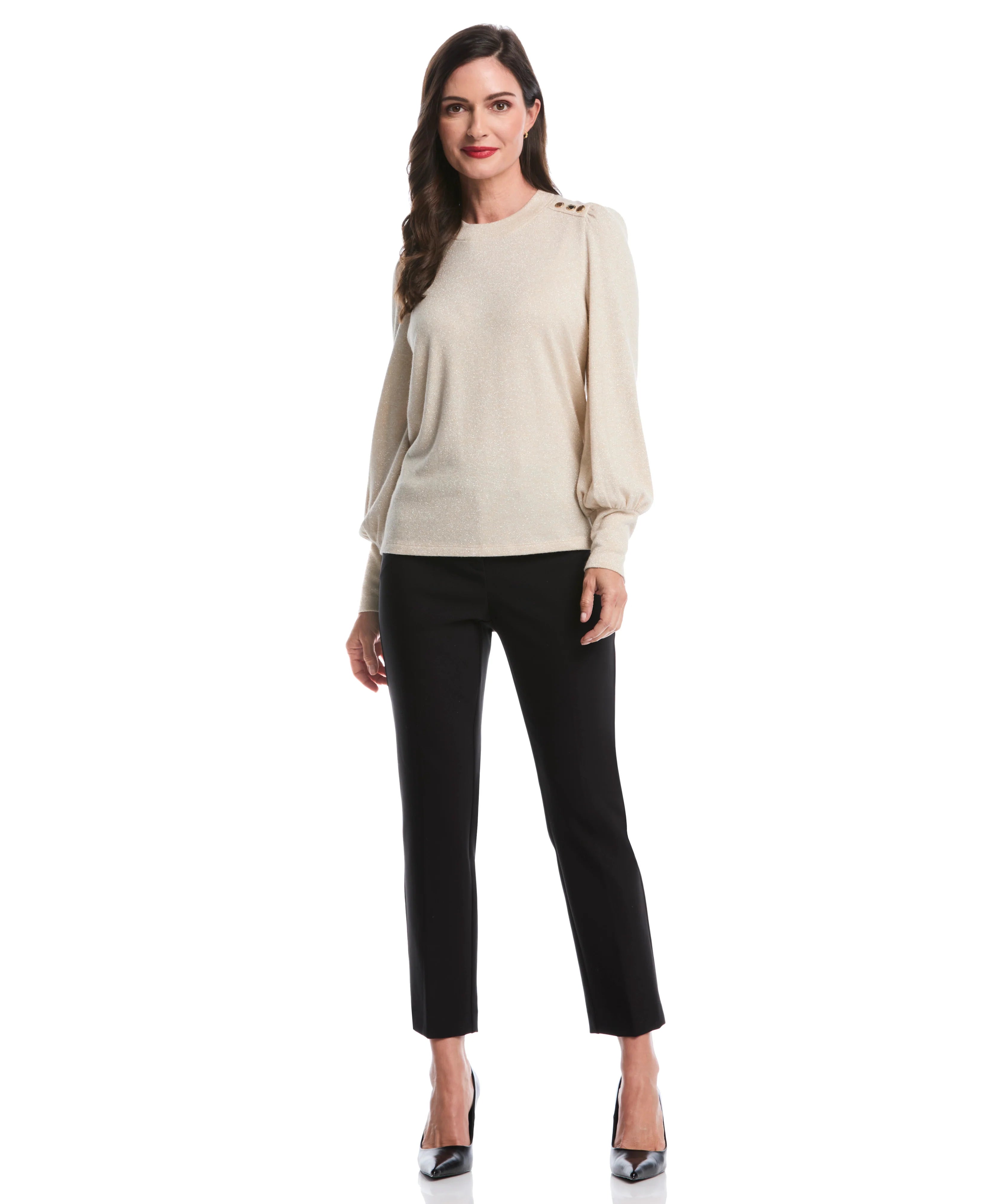 Metallic Puff Sleeve Crew Neck Top