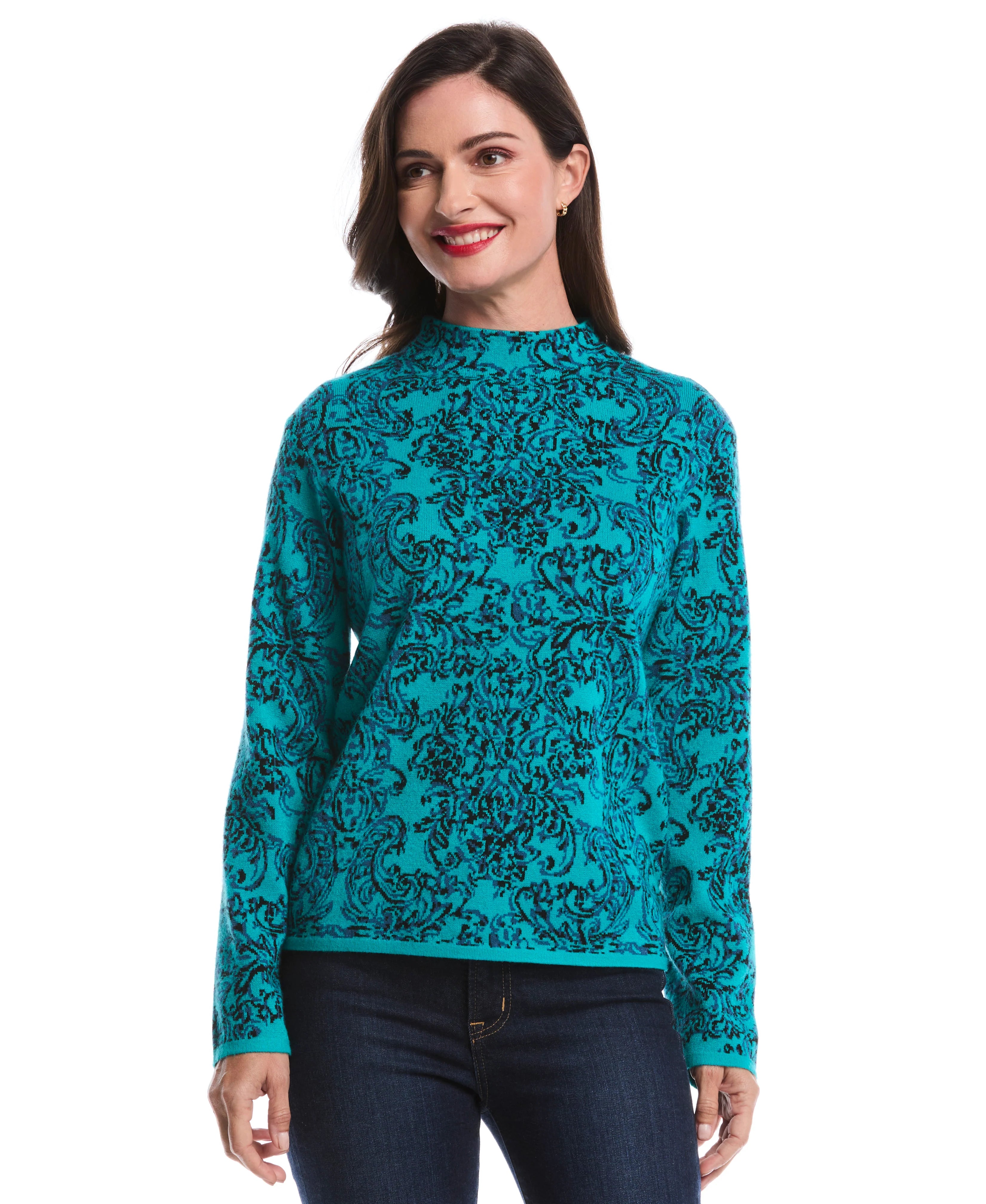Floral Paisley Print Mock Neck Sweater