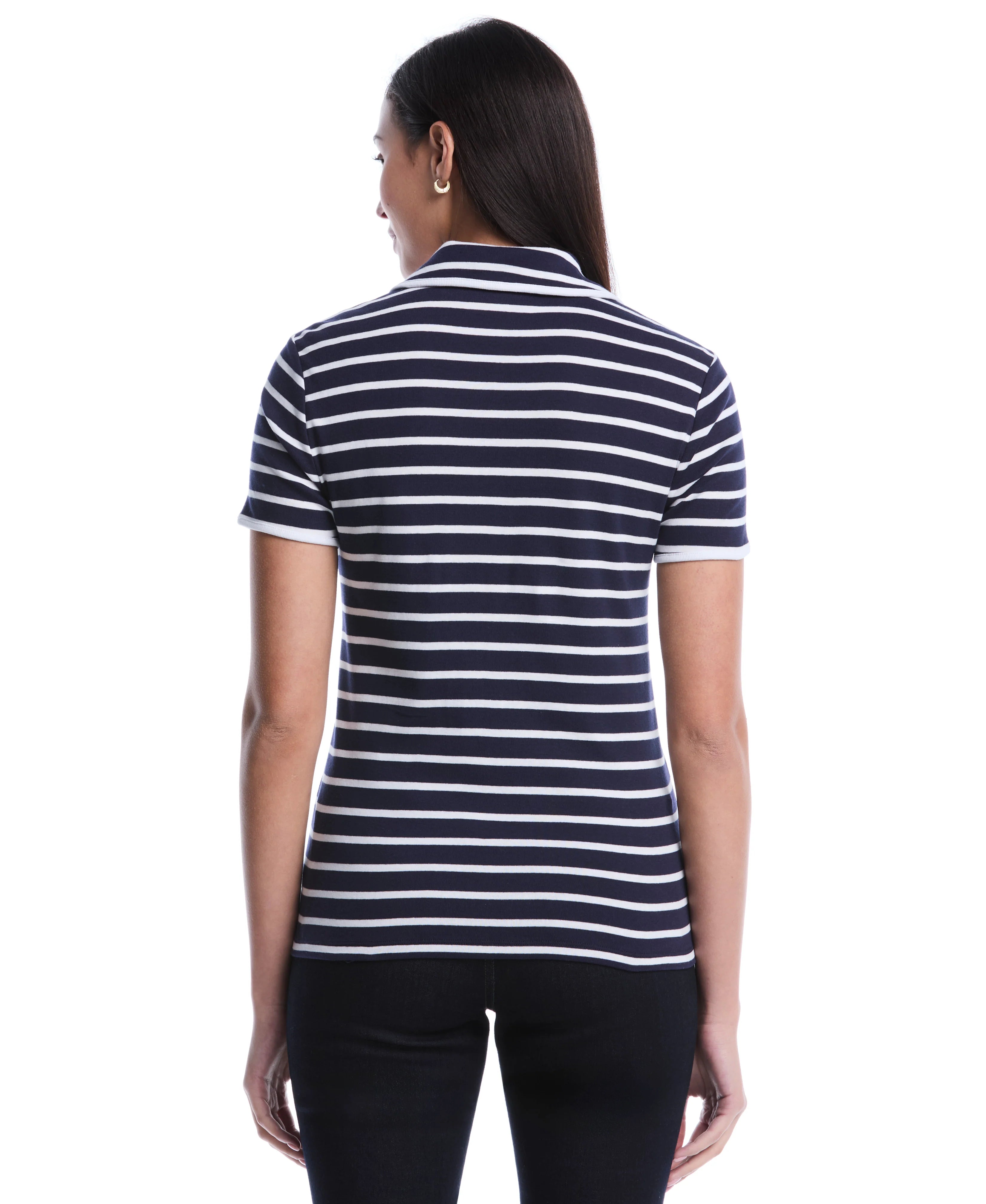 Petite Striped Contrast Trim Johnny Collar Polo