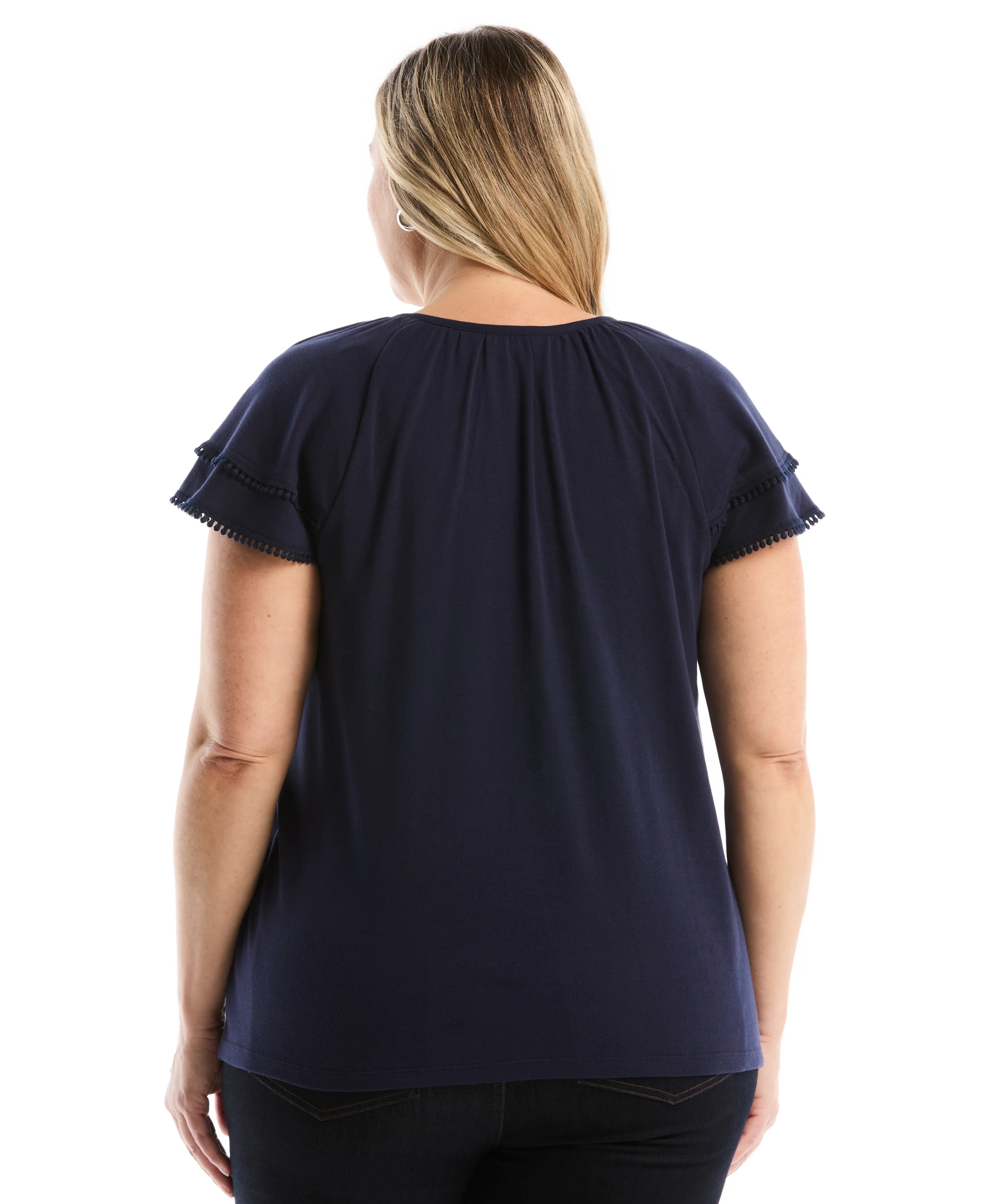Plus Size Eyelet Flutter Sleeve Split Neck Top