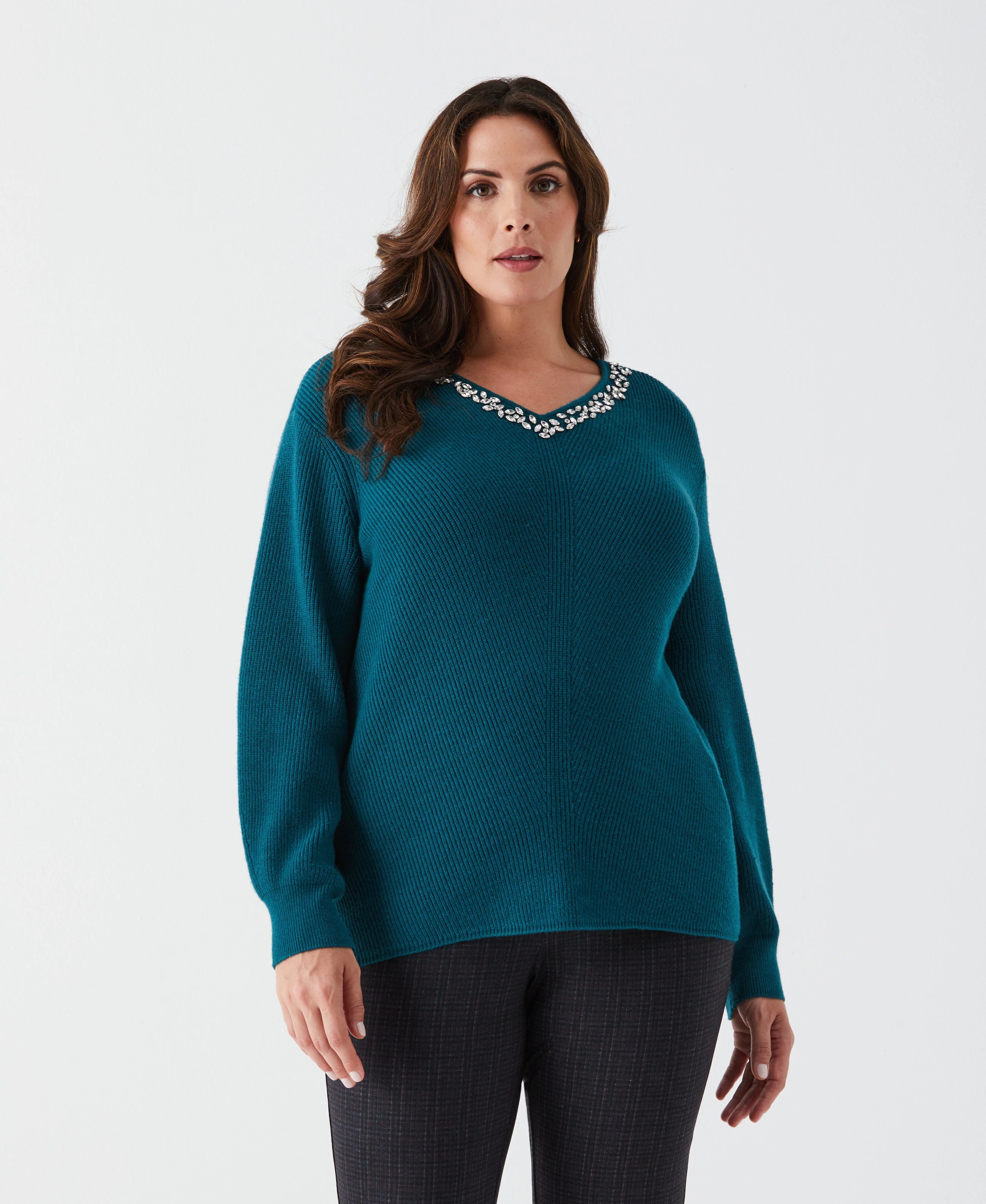 Plus Size Embellished V Neck Sweater