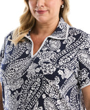 Plus Size Paisley Print Contrast Trim Johnny Collar Polo