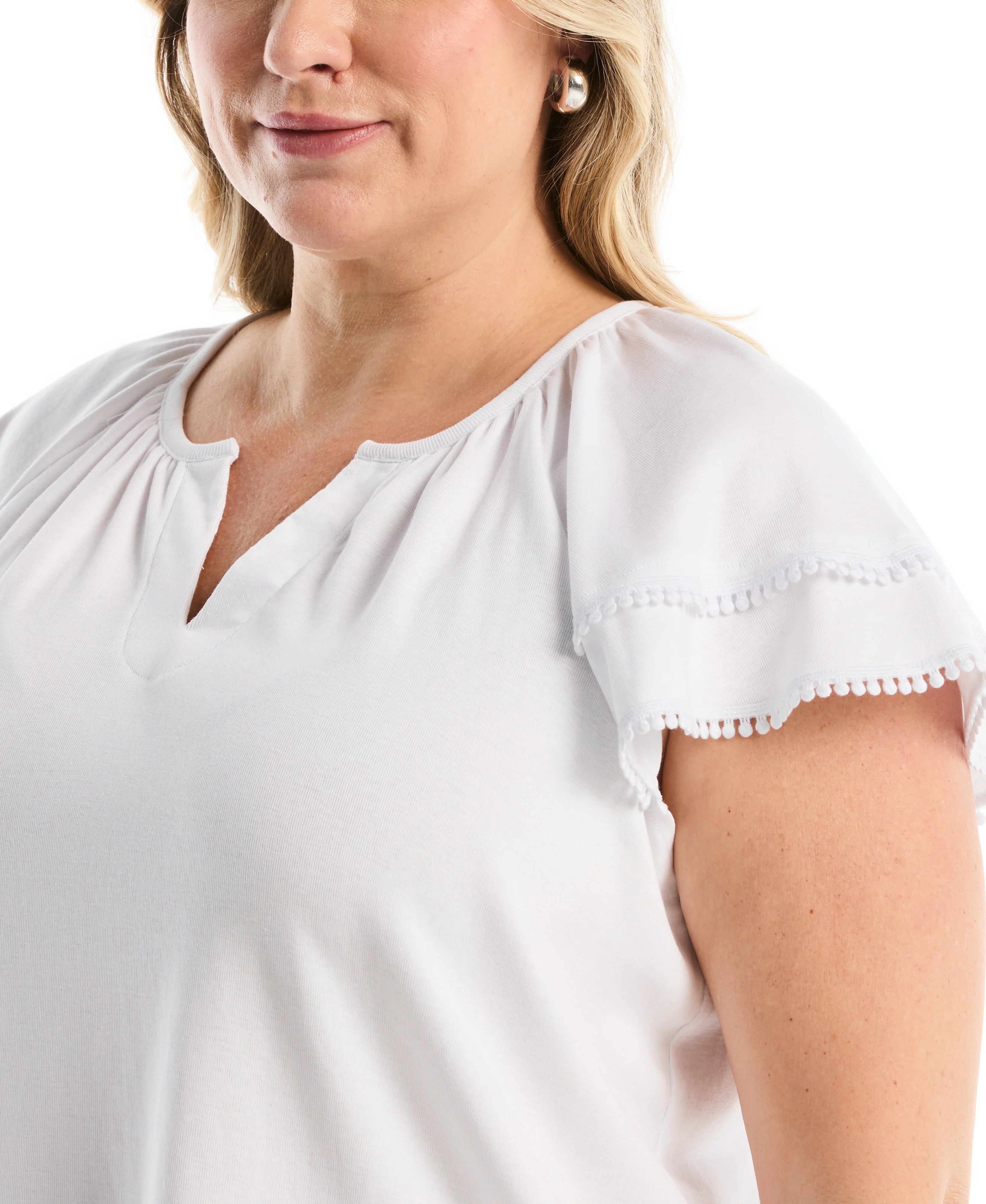 Plus Size Eyelet Flutter Sleeve Split Neck Top