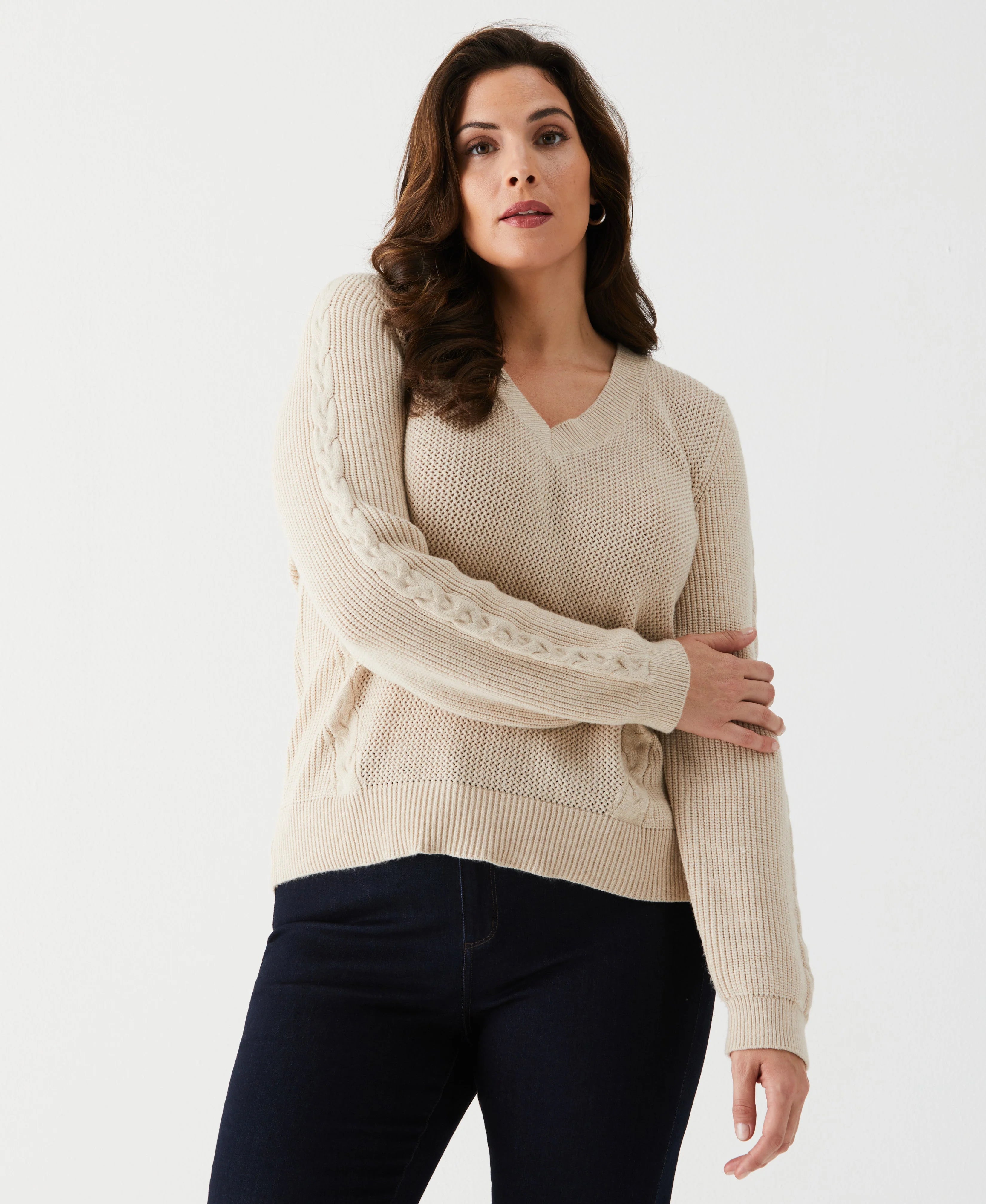 Plus Size Cable Knit V Neck Sweater