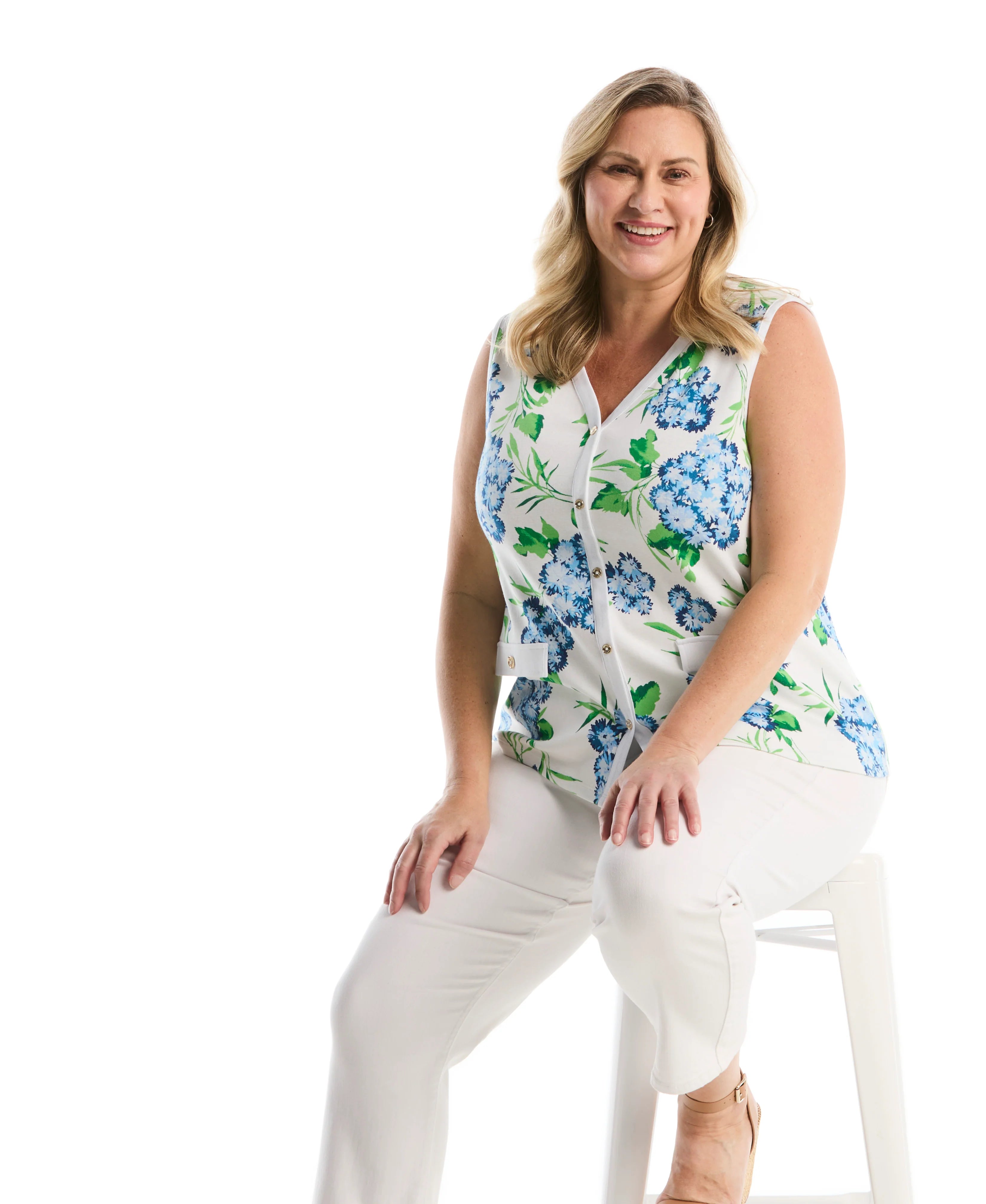 Plus Size Pom Floral Print Button Front Tank Top