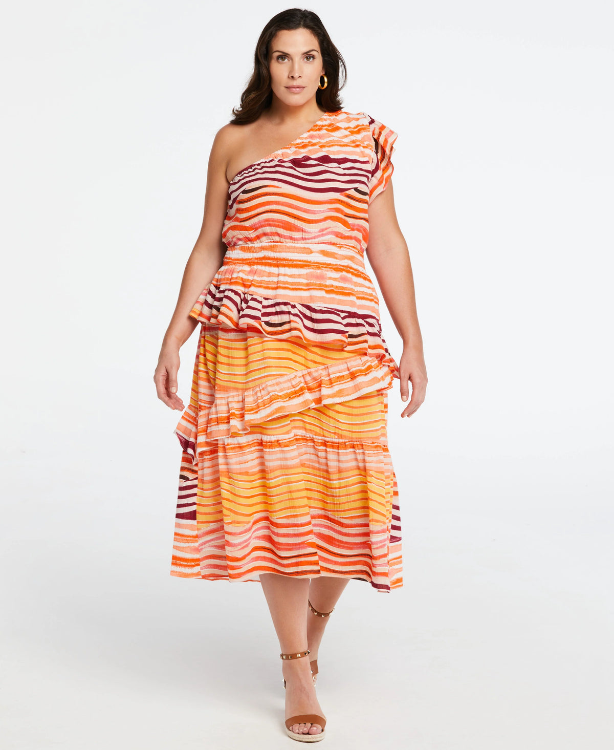 Plus Size 100 Cotton One Shoulder Ruffle Midi Dress