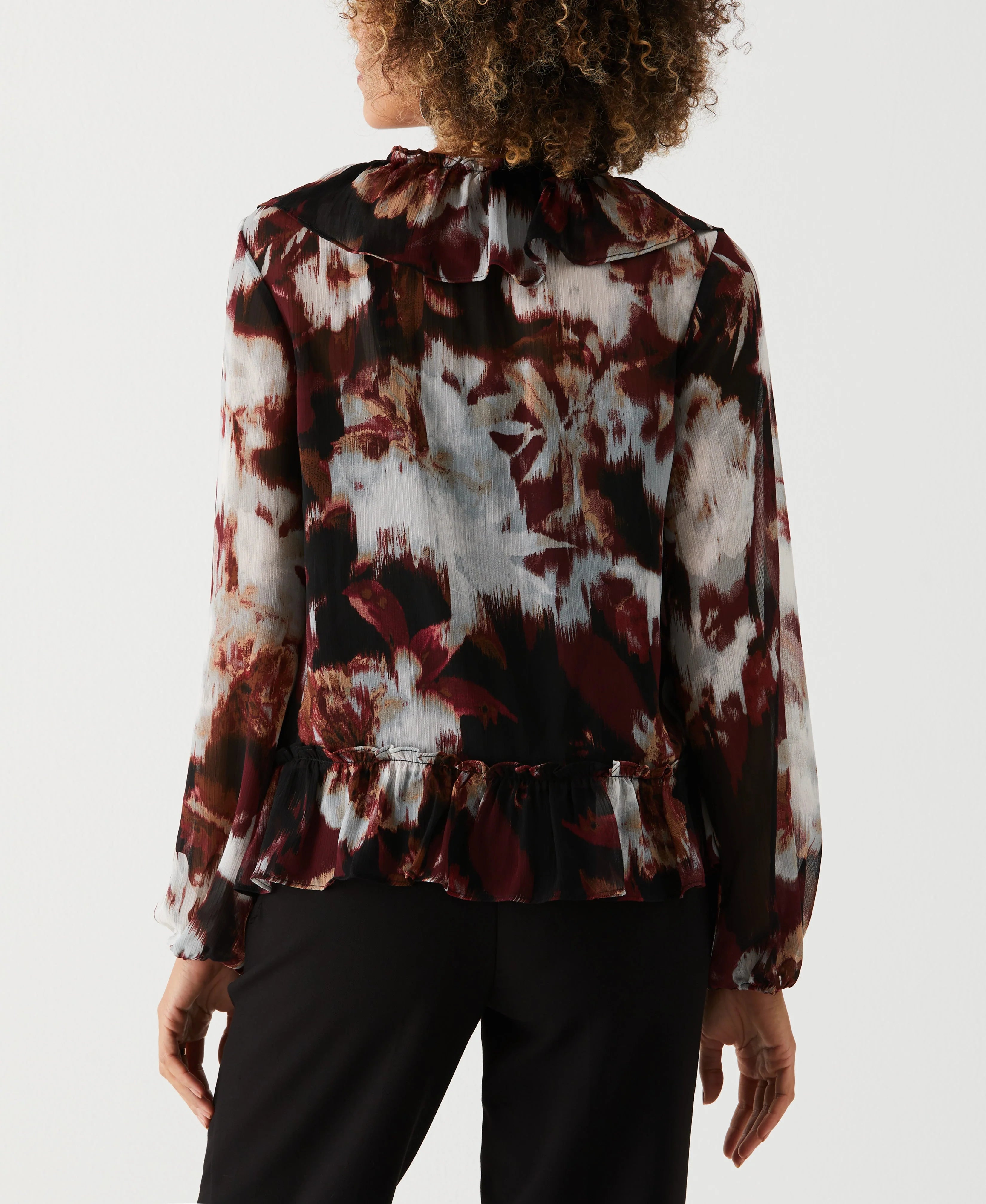 Petite Printed V Neck Ruffle Blouse