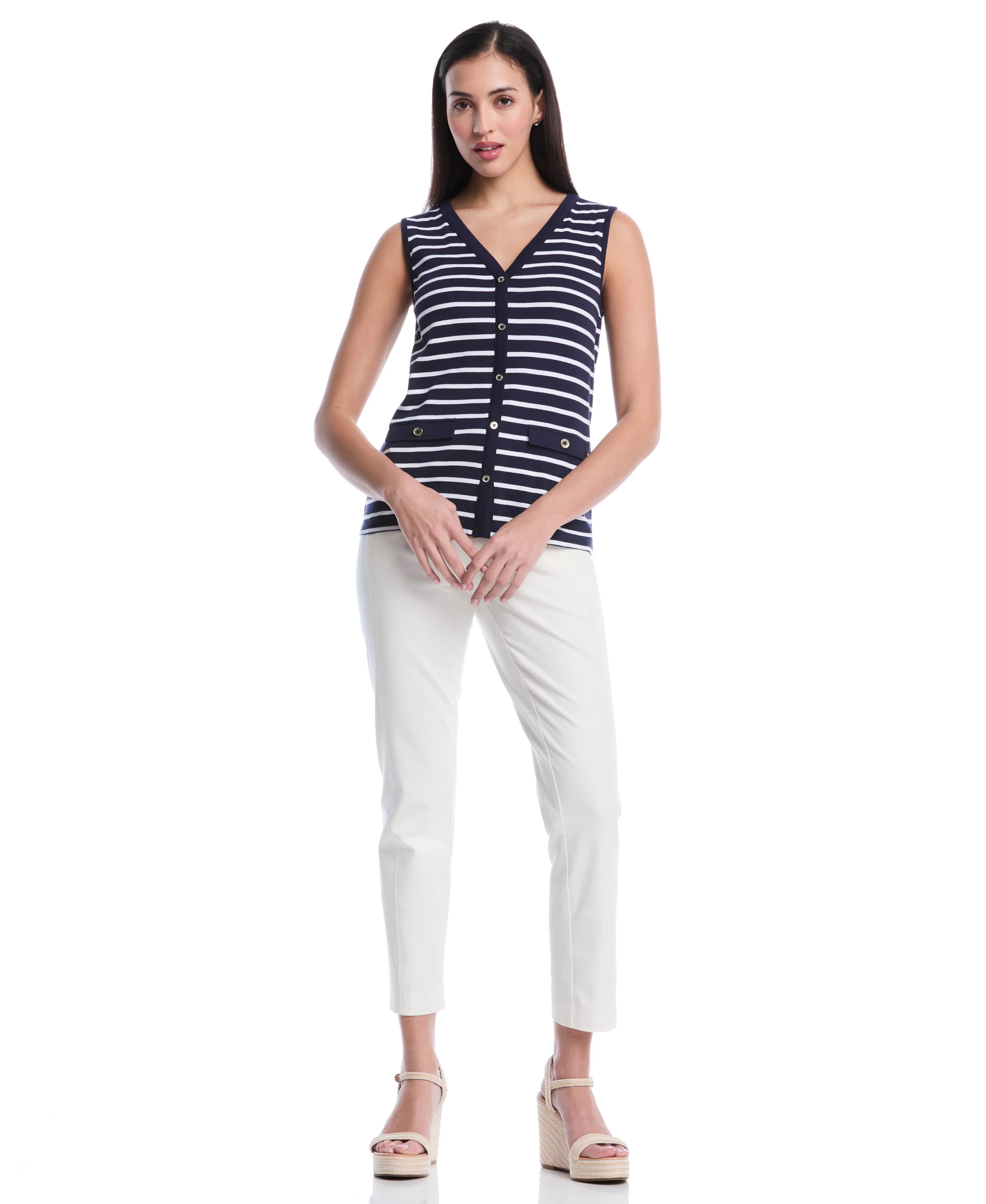 Petite Striped Button Front Tank Top