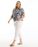 Plus Size Paisley Print Contrast Trim Johnny Collar Polo