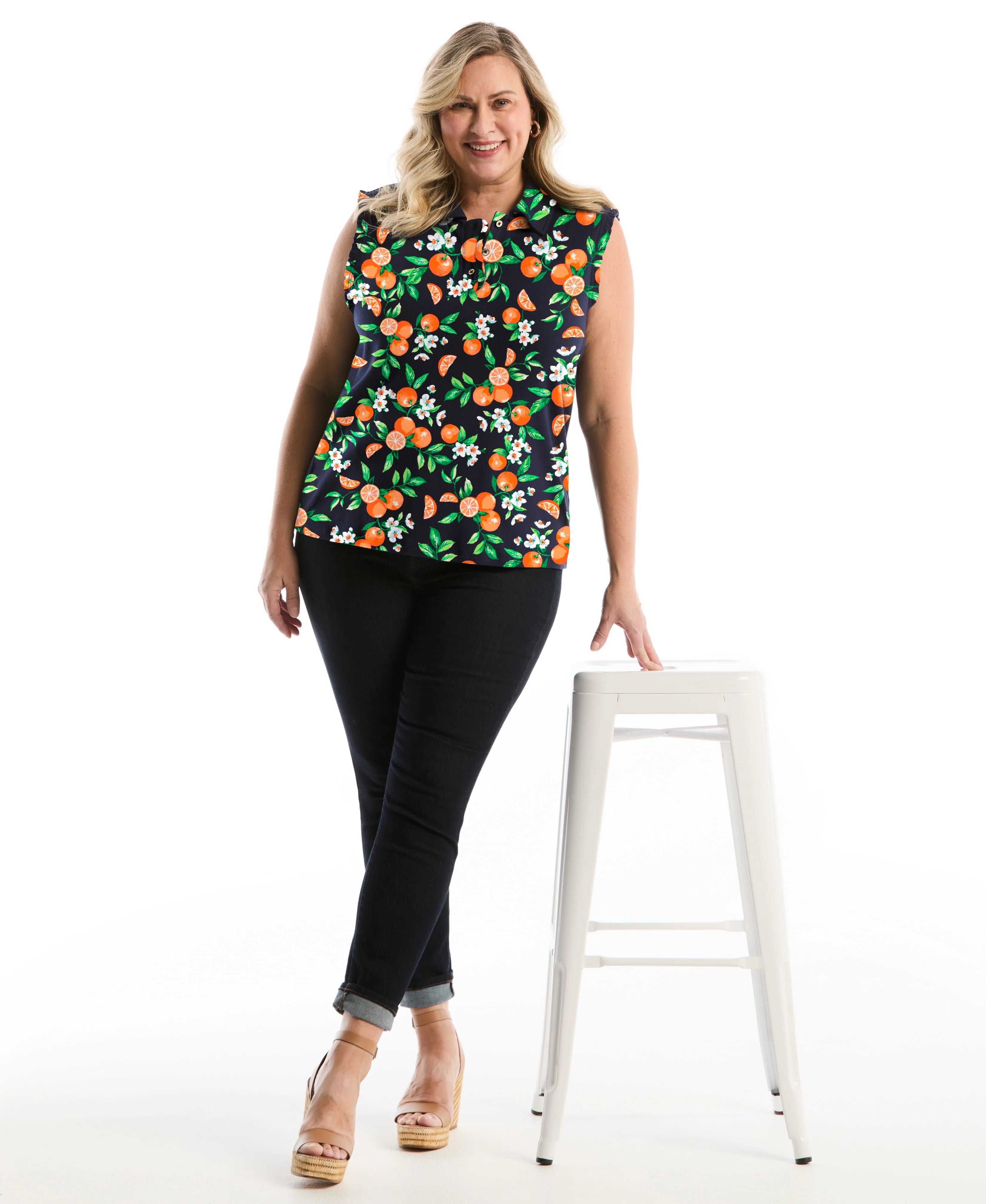 Plus Size Orange Print Ruffle Trim Polo