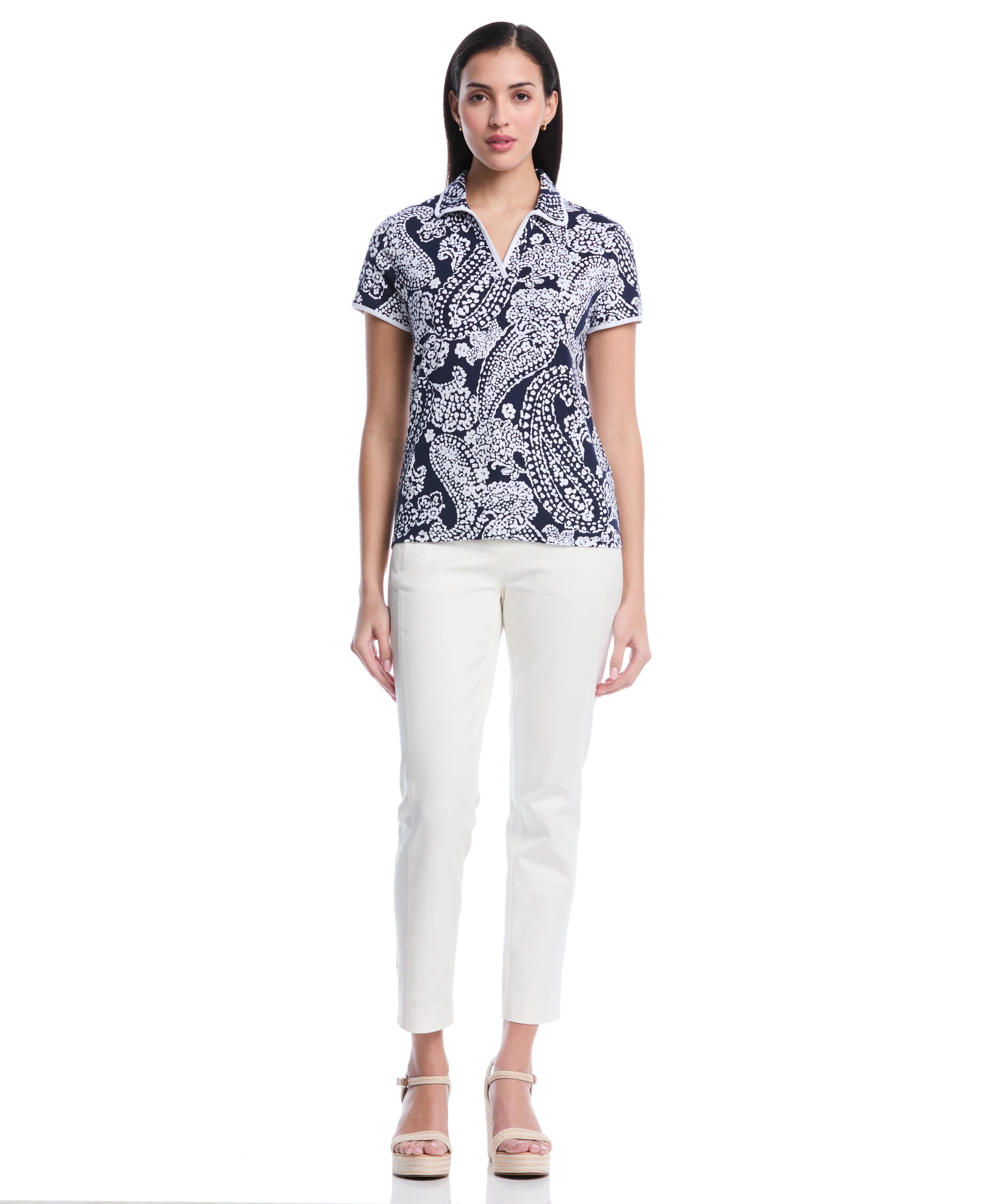 Petite Paisley Print Contrast Trim Johnny Collar Polo