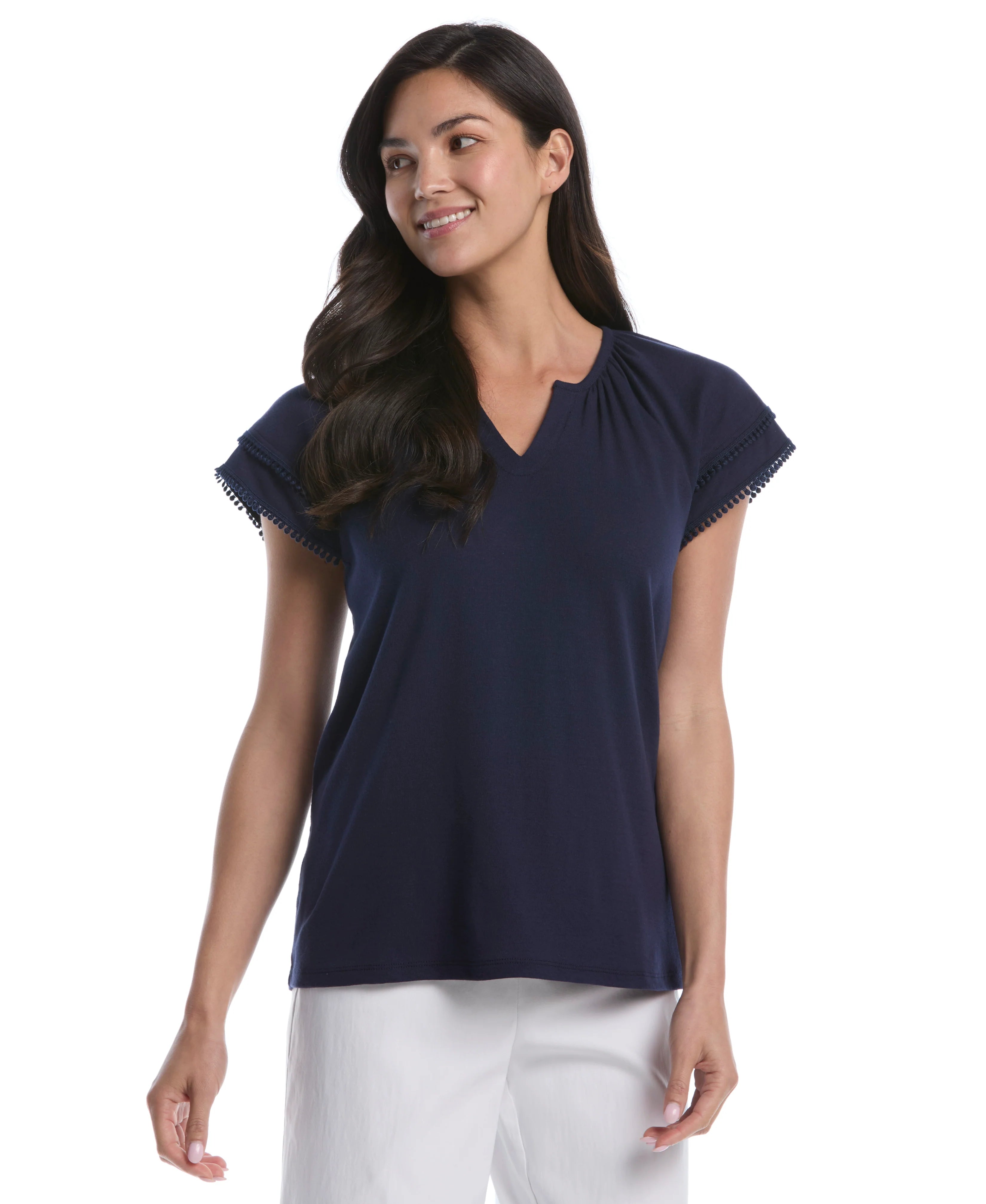 Petite Eyelet Flutter Sleeve Split Neck Top