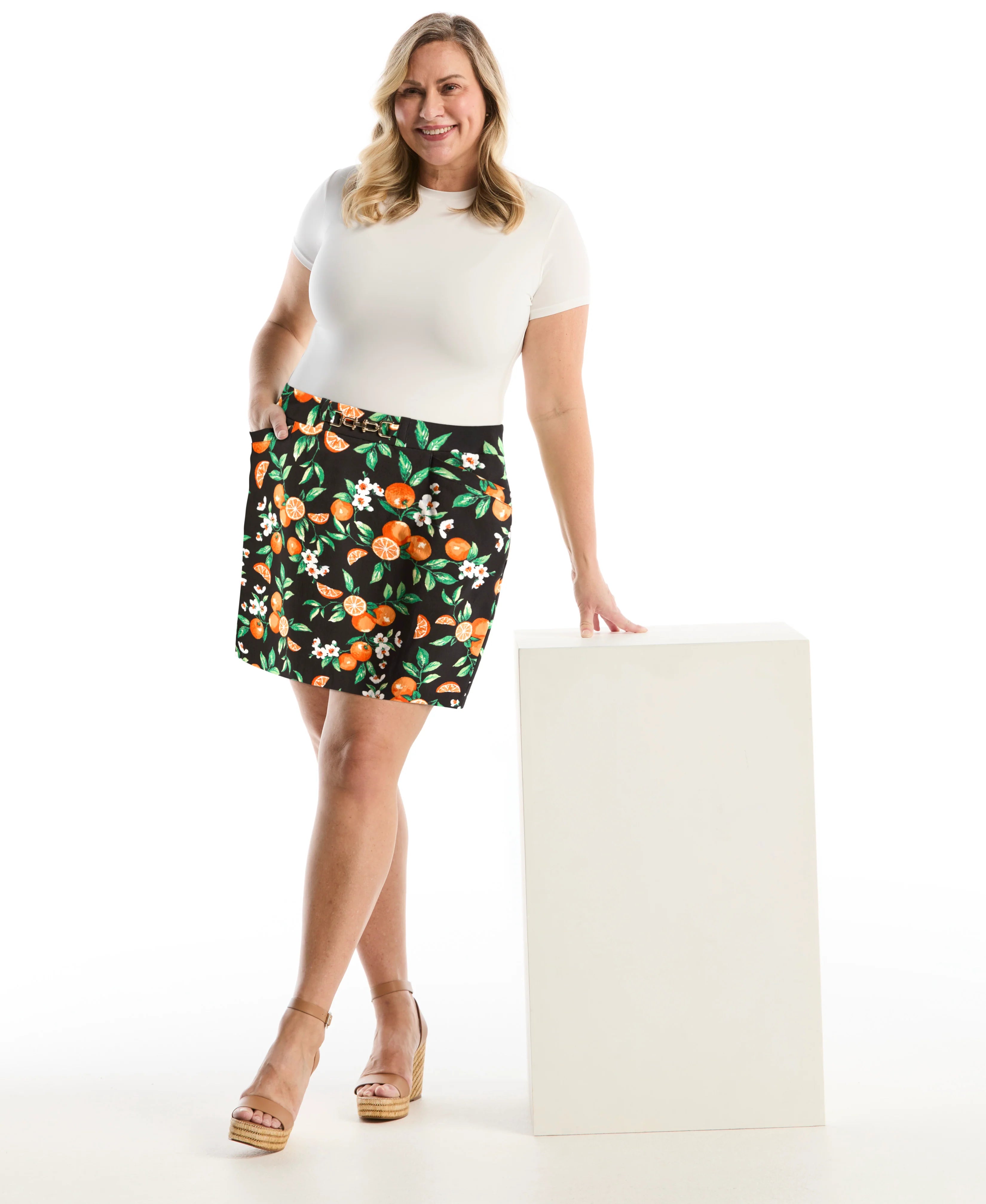 Plus Size Orange Print Horse Bit Belted Skort