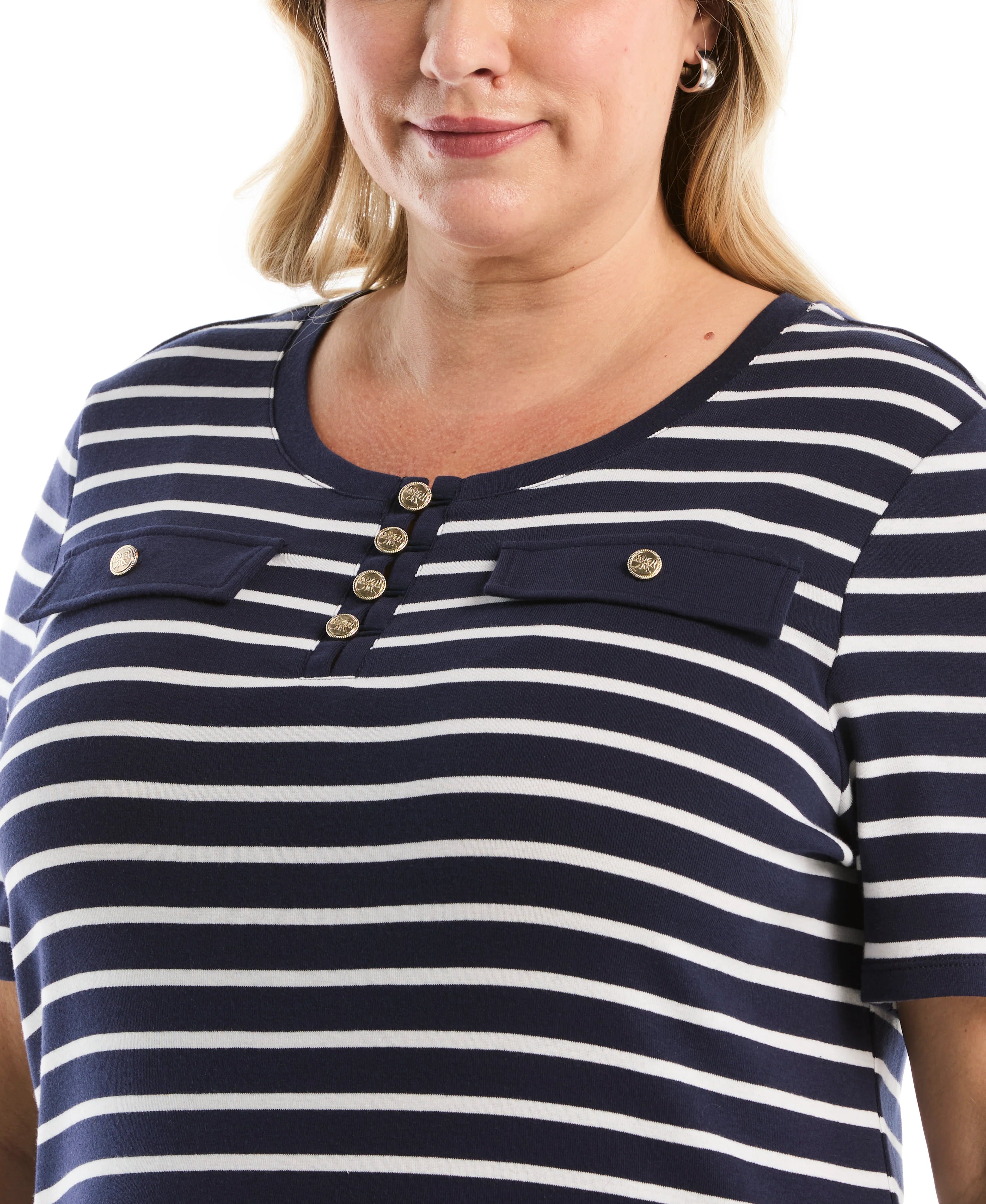 Plus Size Striped Welt Pocket Button Detail Top