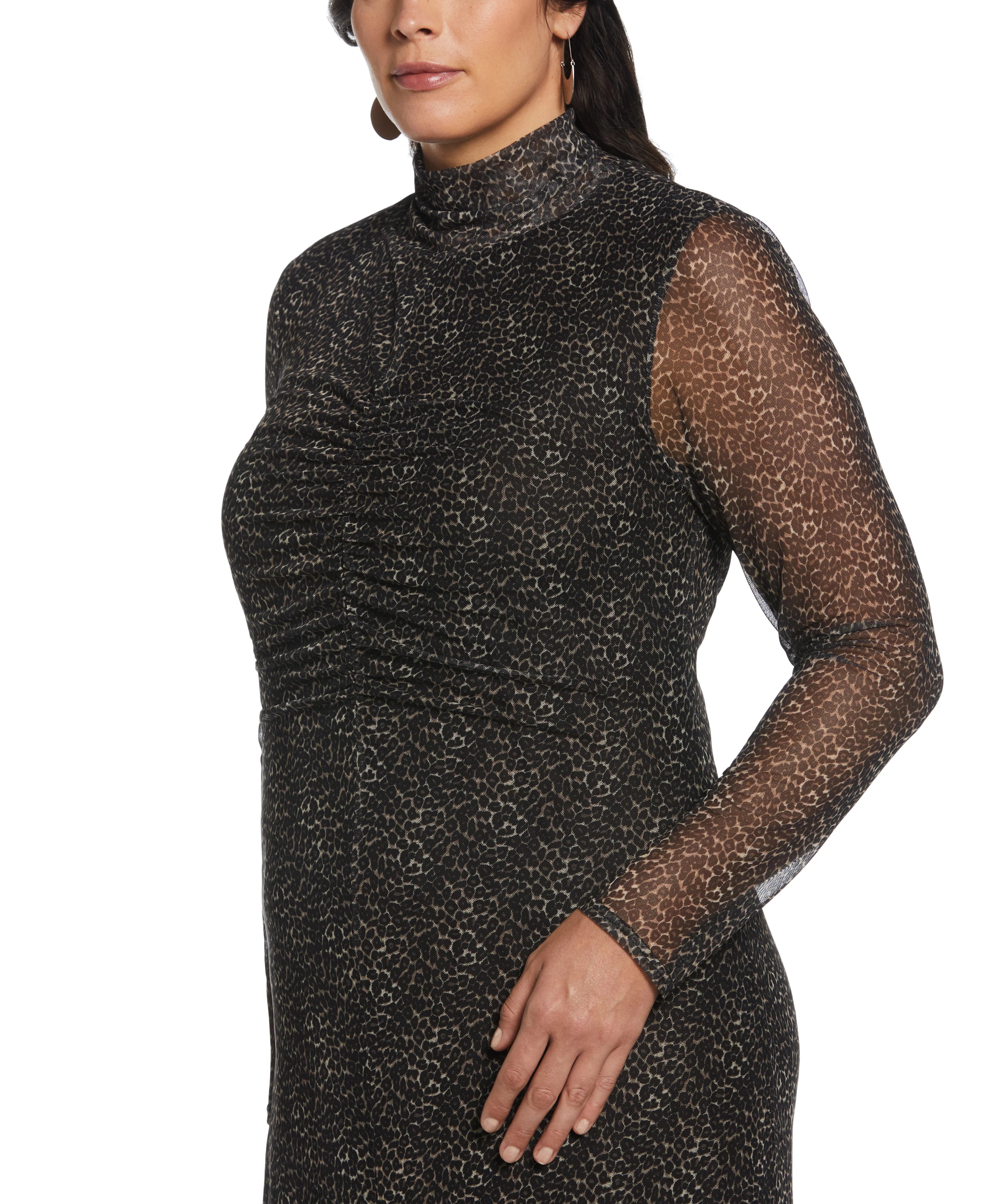 Mock Neck Mesh Midi Dress