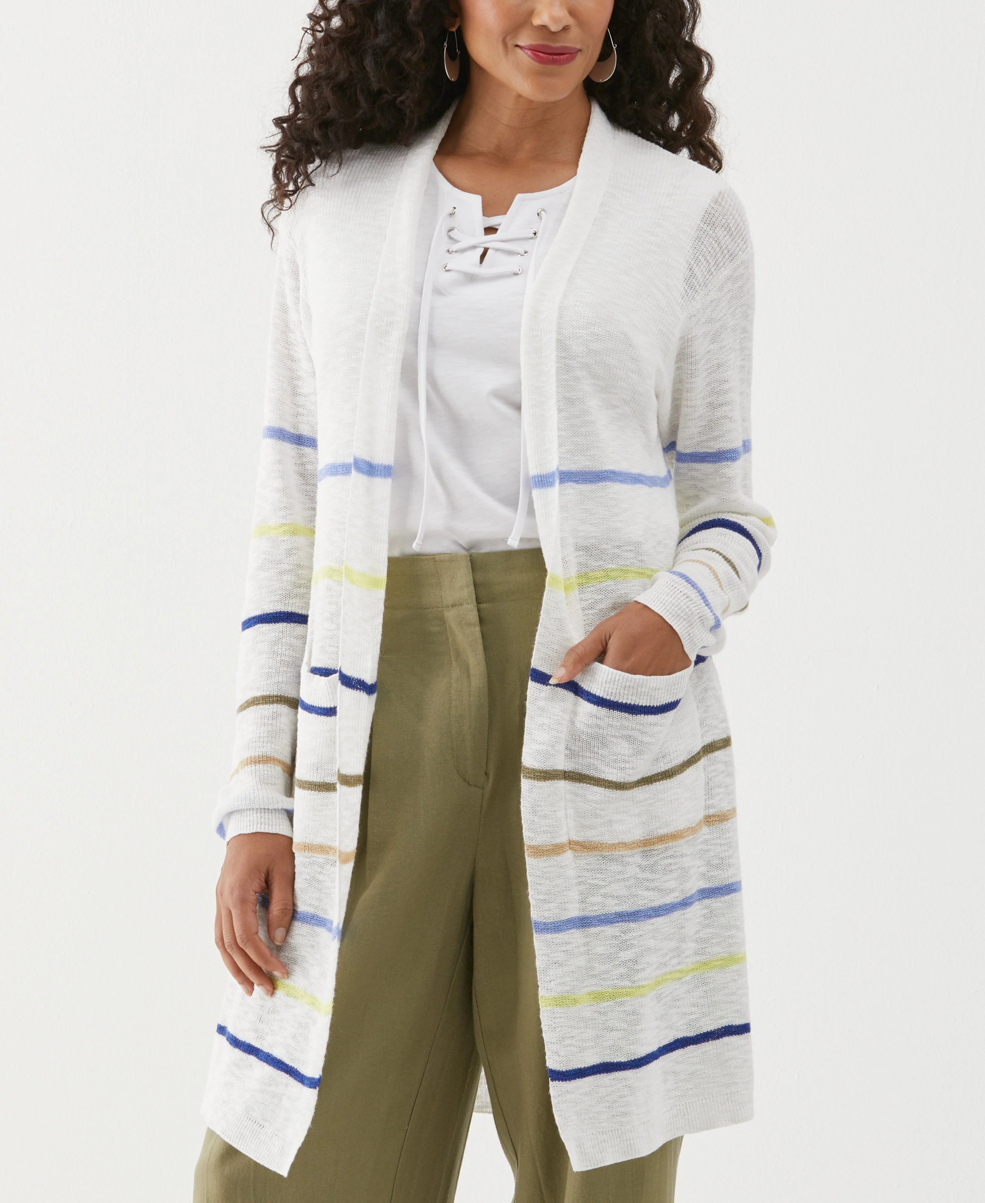 Organic Cotton Linen Blend Striped Duster Cardigan Sweater
