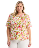 Plus Size Petal Print Pom Trim Detail Top