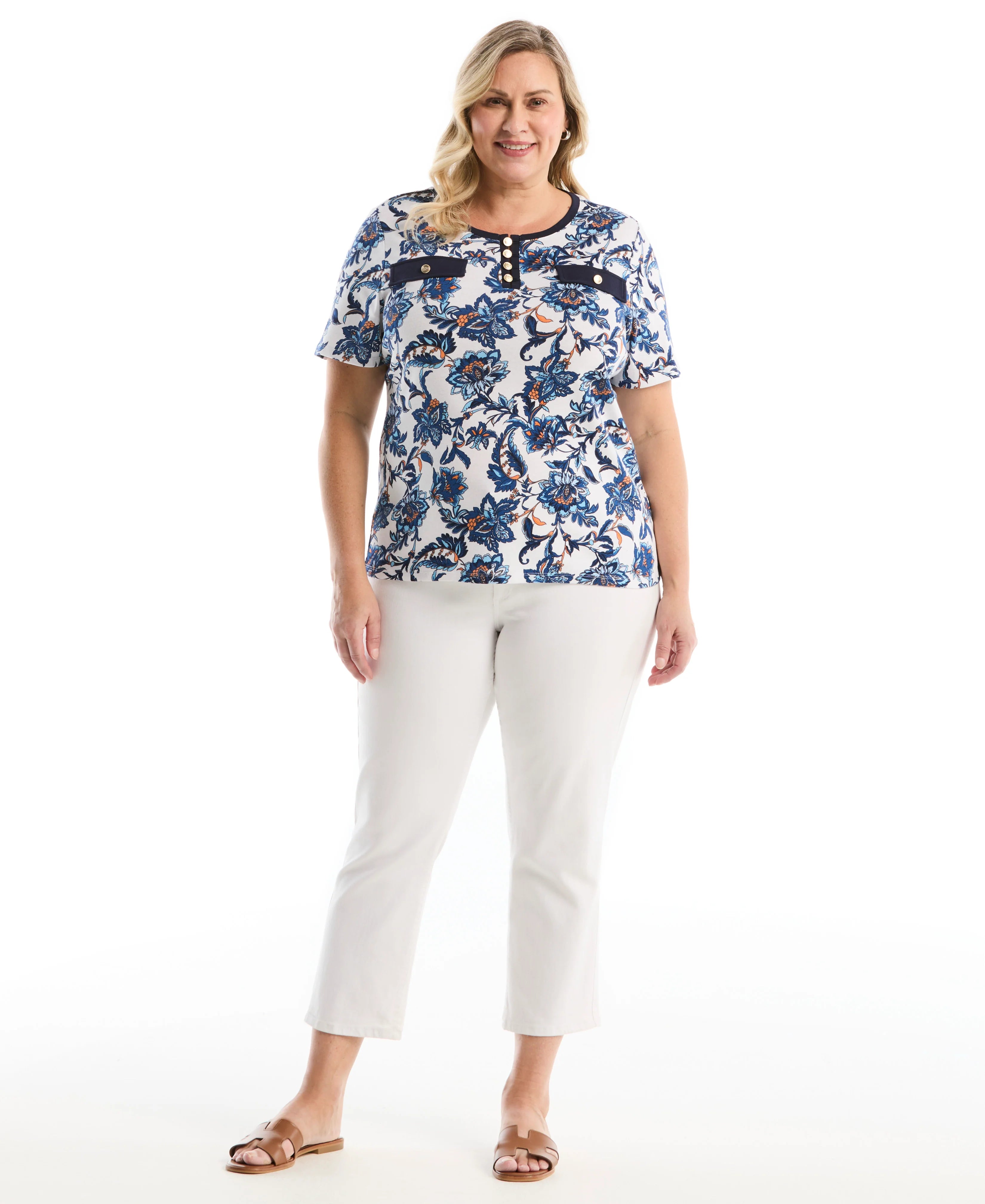 Plus Size Botanical Welt Pocket Button Detail Top