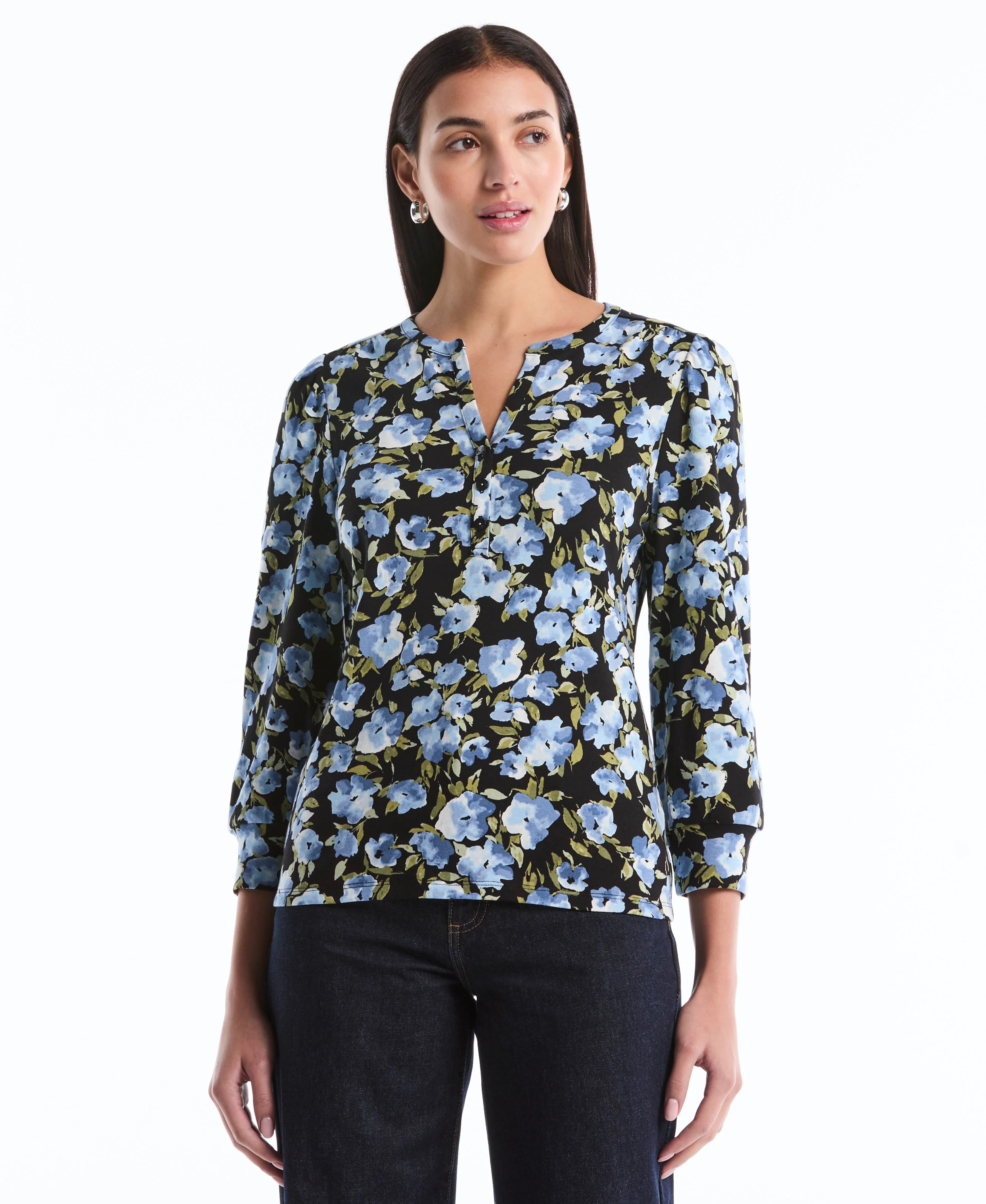 Petite Floral Print Shirred Top